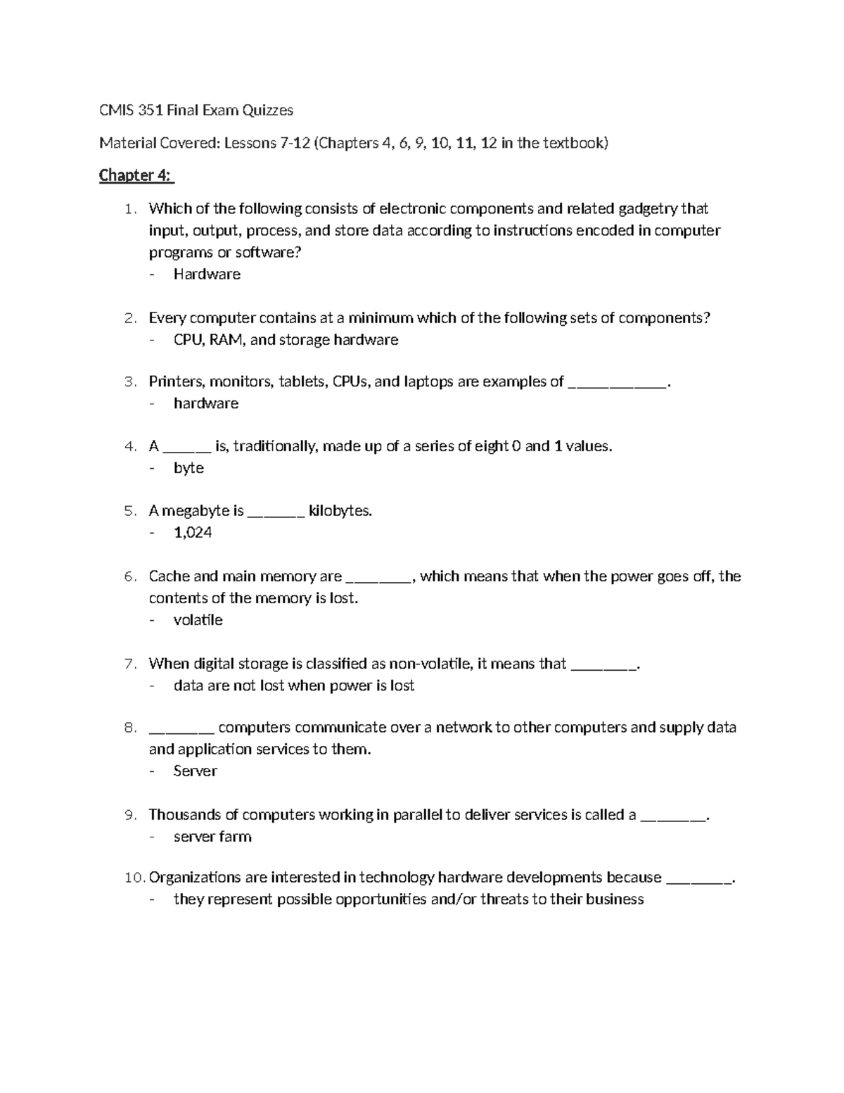 CMIS 351 Final Exam Study Guide: Key Topics from Lessons 7-12 - Studocu
