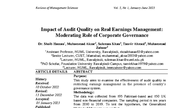 Impact of Audit Quality on Real Earnings Management: A Study on ...