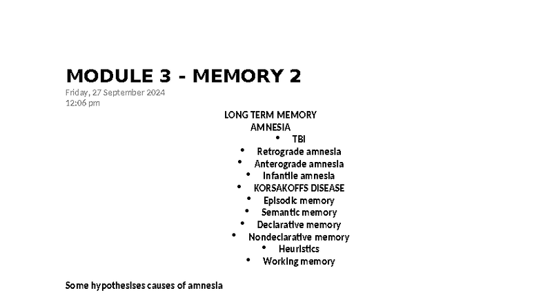 Module 3 - Cognitive Notes on Long Term Memory & Amnesia - Studocu