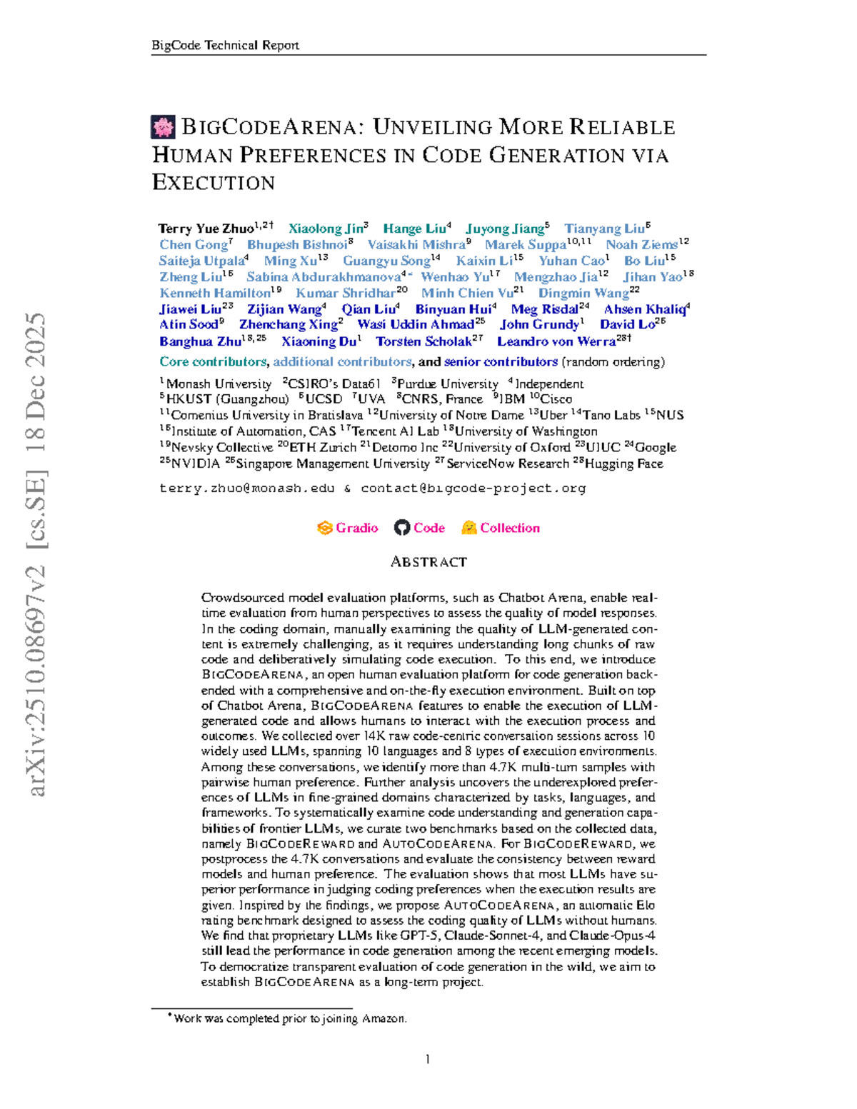 BigCode Technical Report: Unveiling BigCode Arena for Code Evaluation ...