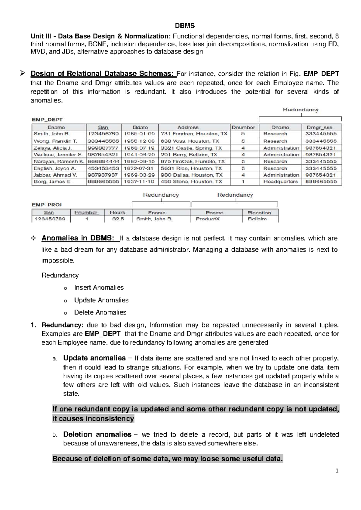 DBMS Unit 3: Database Design & Normalization Notes - Studocu