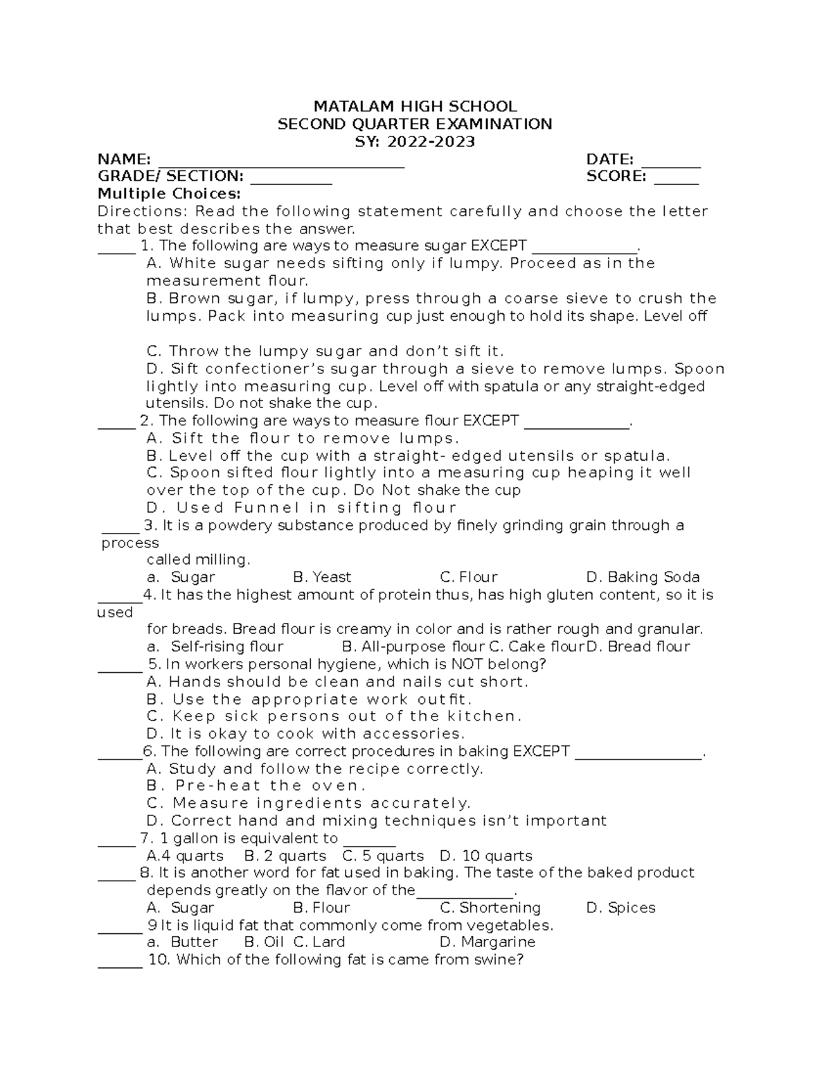 BPP Final Exam 2nd Quarter: Baking Essentials & Measurement Techniques ...