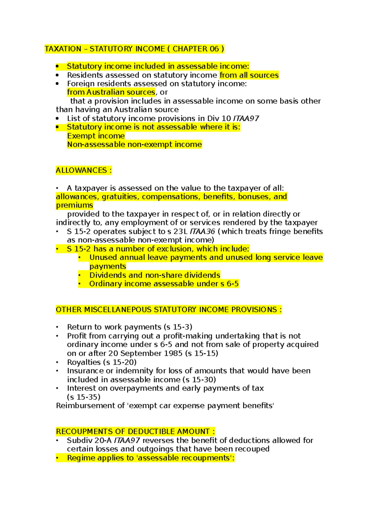 Capital Allowances Lecture Notes: Taxation and Trading Stock Summary ...