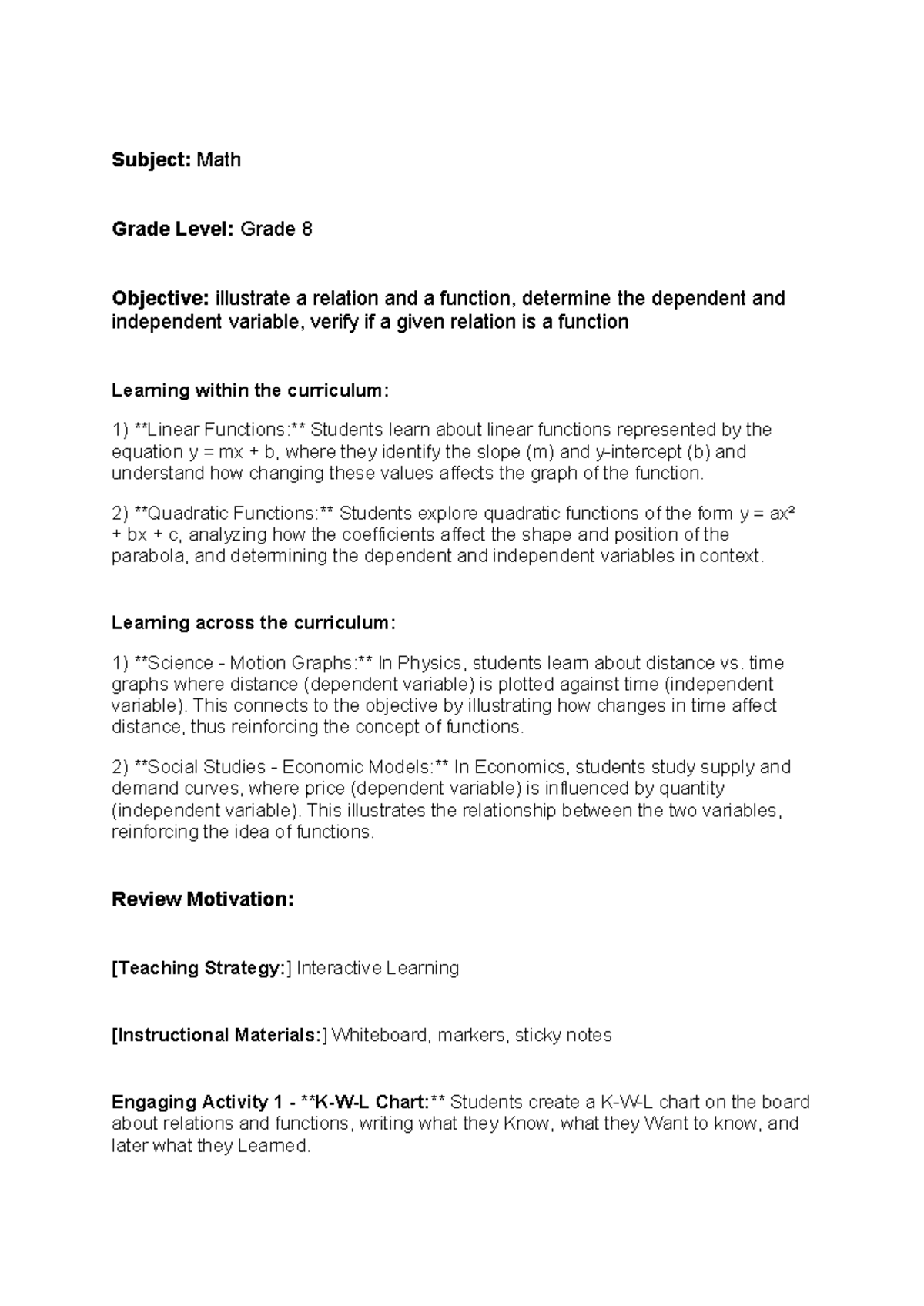 Lesson Plan: Math Functions for Grade 8 Students - Studocu
