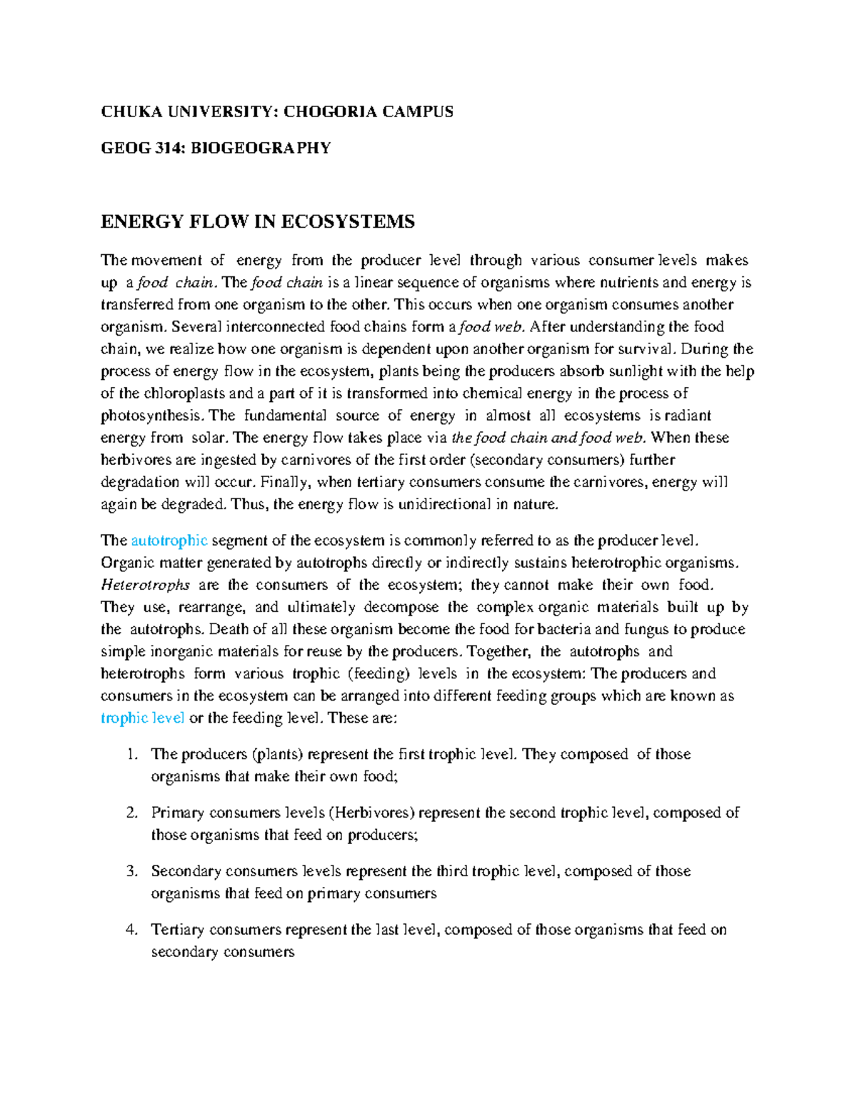 Energy Flow in Ecosystems - GEOG 314 Lecture Notes - Studocu