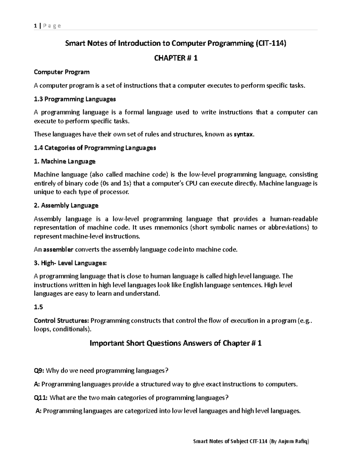 Smart Notes of CIT-114: Introduction to Computer Programming - Chapter ...
