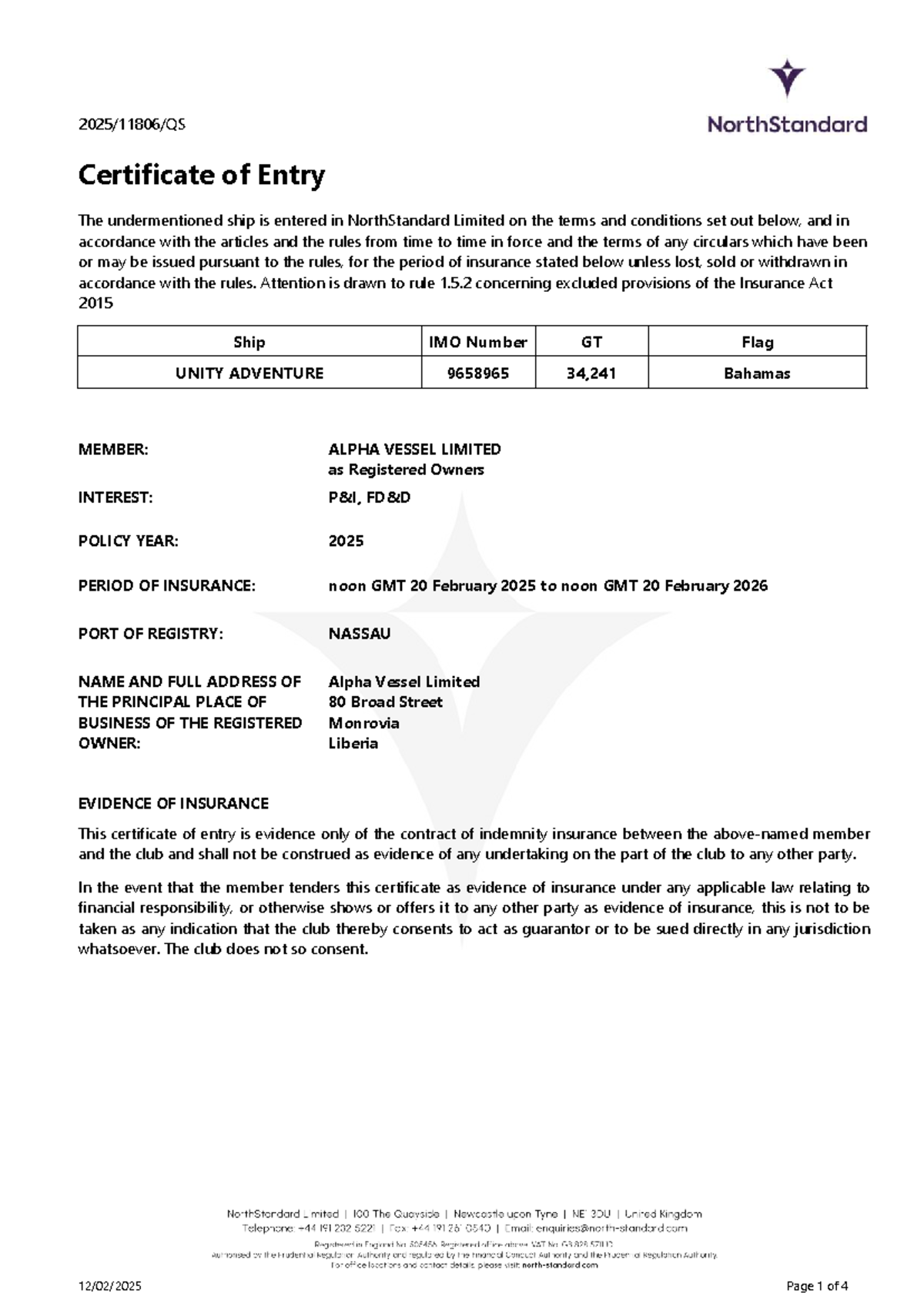 P&I Certificate of Entry for Ship UNITY ADVENTURE - 2025 - Studocu