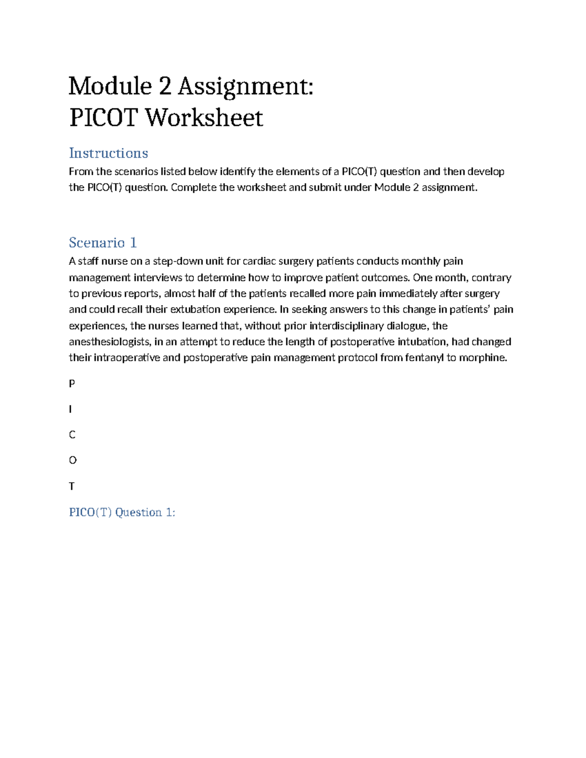 Module 2 Assignment - Picot Worksheet - Module 2 Assignment: PICOT ...