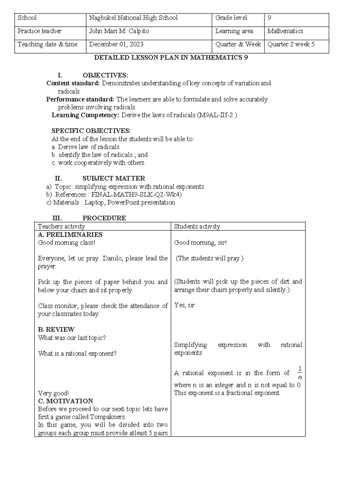 Math 9 Lesson Plan: Understanding the Law of Radicals (M9AL-IIf-2 ...