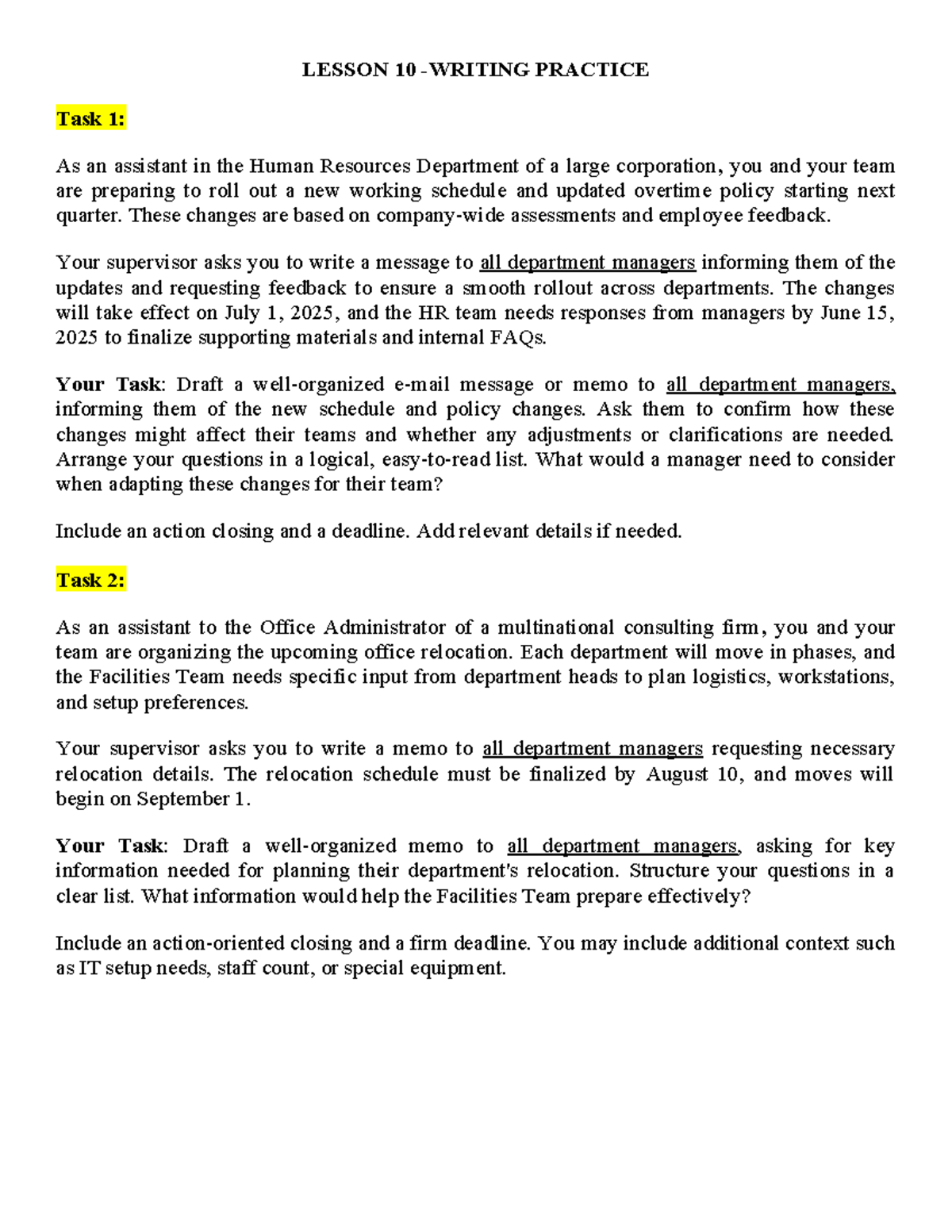 ESP121 - Lesson 10 Practice: HR Policy Update & Office Relocation Memo ...