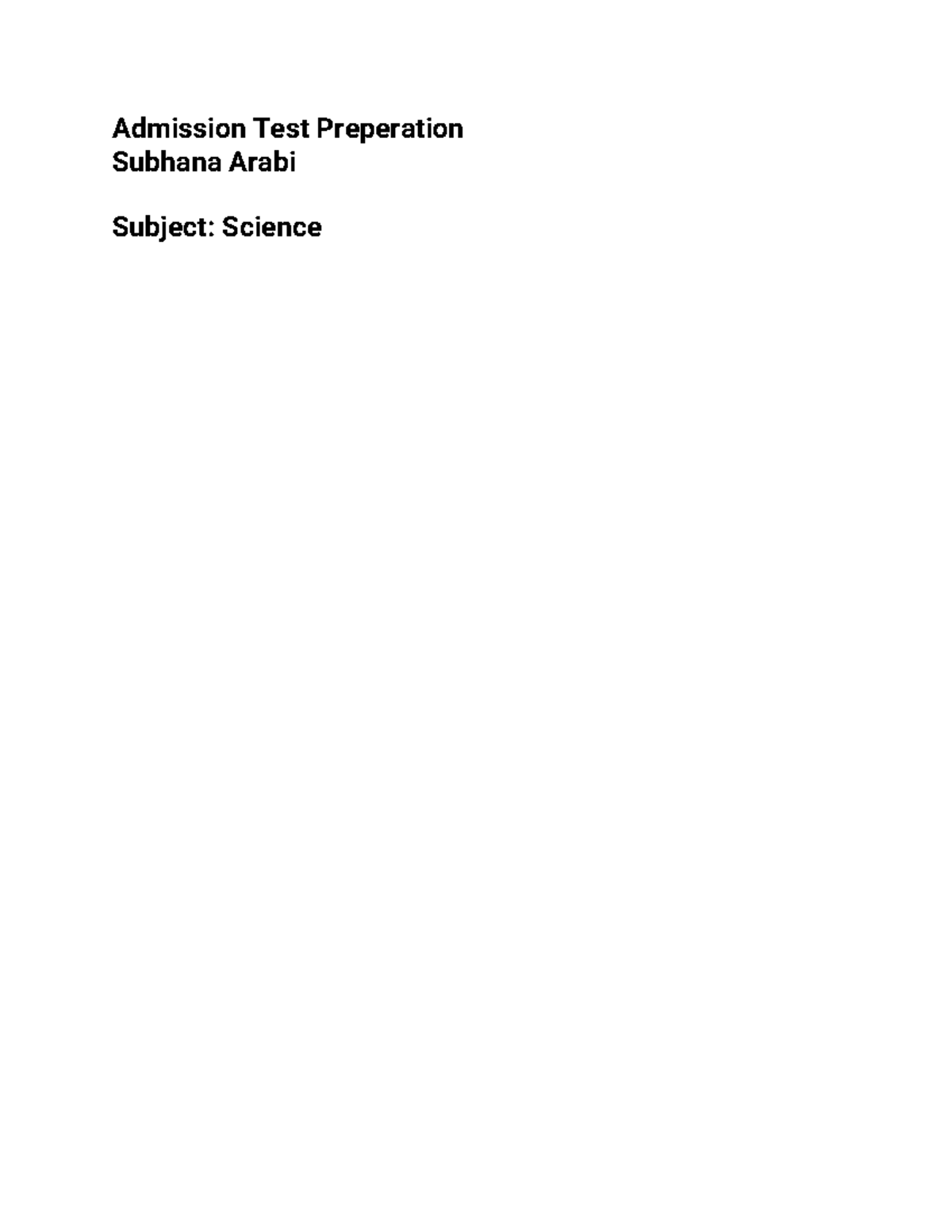 Science Quiz Preparation: Admission Test (Subject: Science) - Studocu