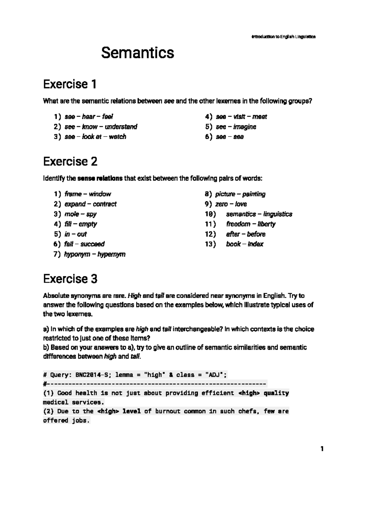 Introduction to English Linguistics (ENG 101) Semantics Worksheet - Studocu