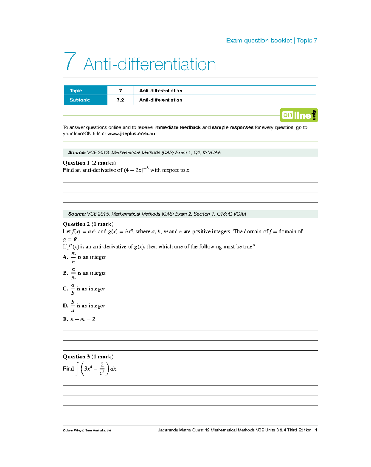 Mathematical Methods VCE Units 3-4 Exam Questions: Topic 7 Review - Studocu