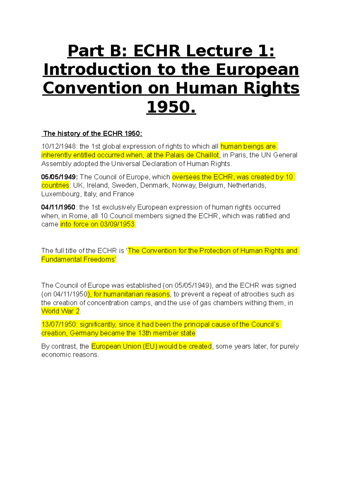 Introduction to the European Convention on Human Rights 1950 Lecture 1 ...