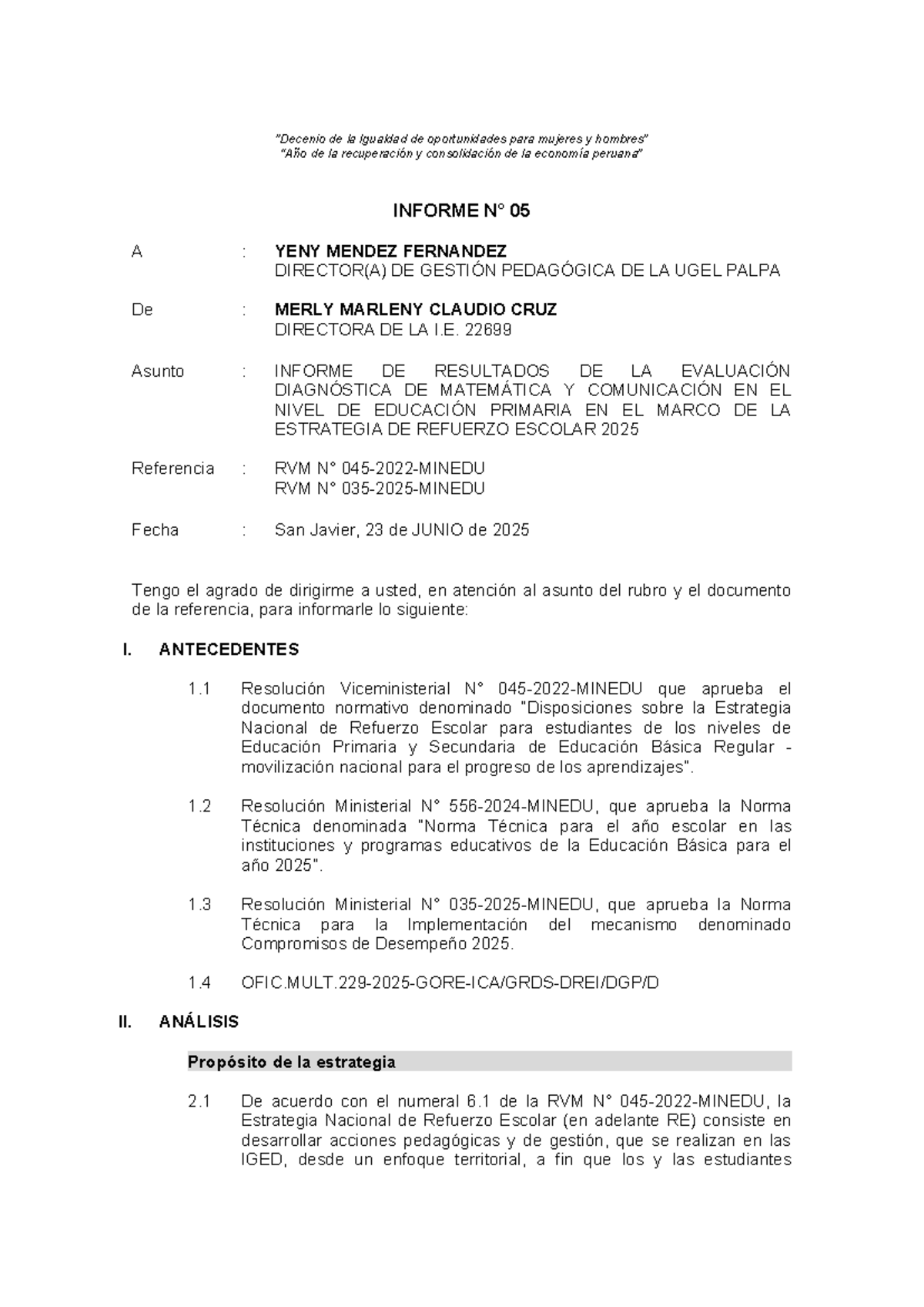Informe de Resultados de Evaluación Diagnóstica - Primaria 2025 - Document Preview