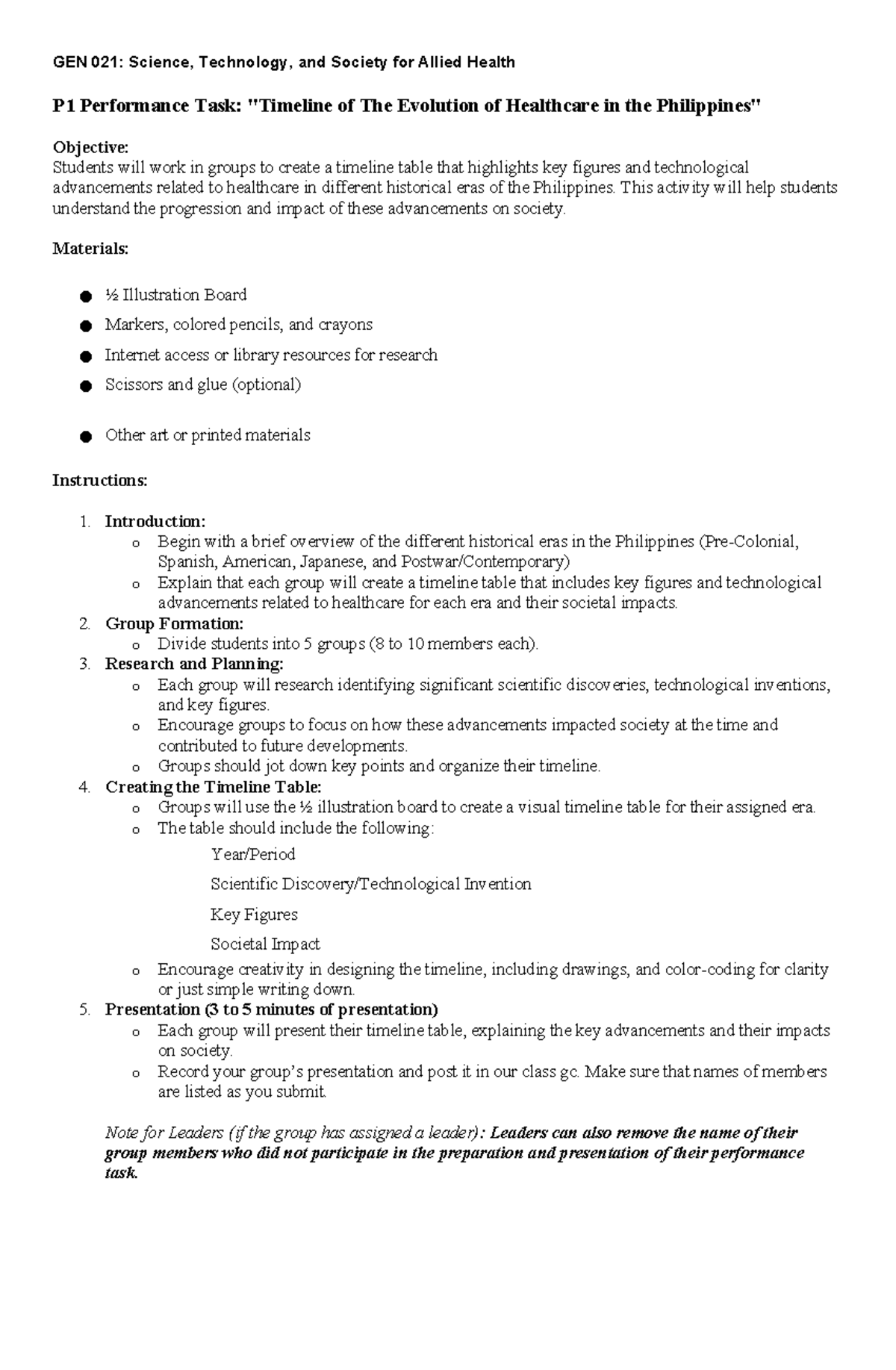 GEN 021: P1 Performance Task on Healthcare Evolution Timeline - Studocu