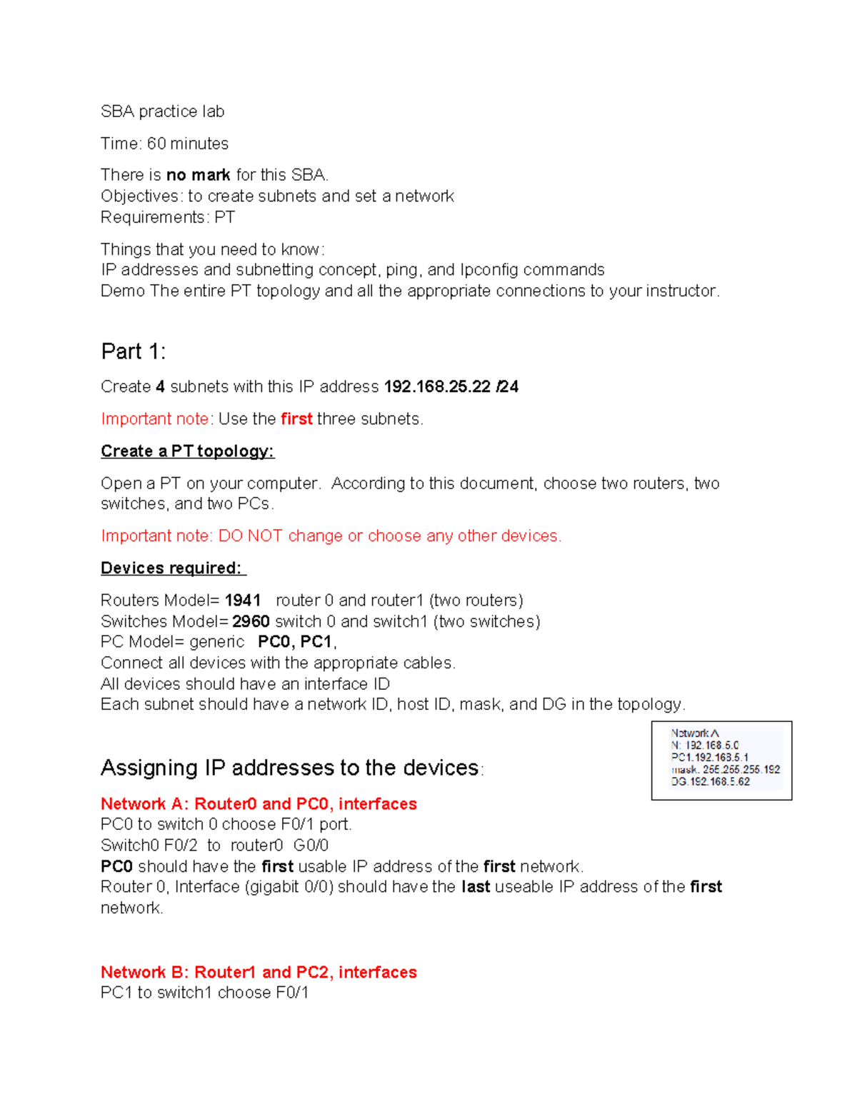 SBA Practice Lab F24: Subnetting and Network Setup Guide - Studocu