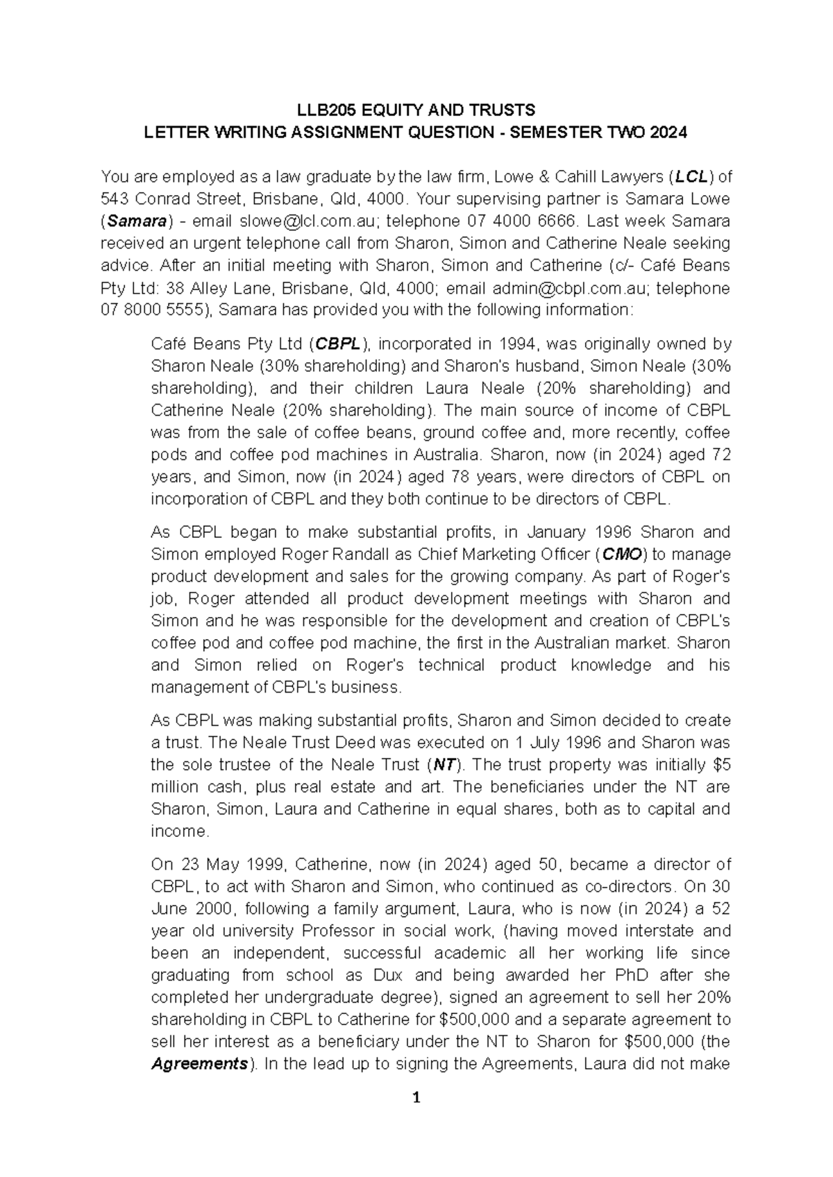 LLB205 Assignment Question 2024: Equity and Trusts Letter Writing - Studocu