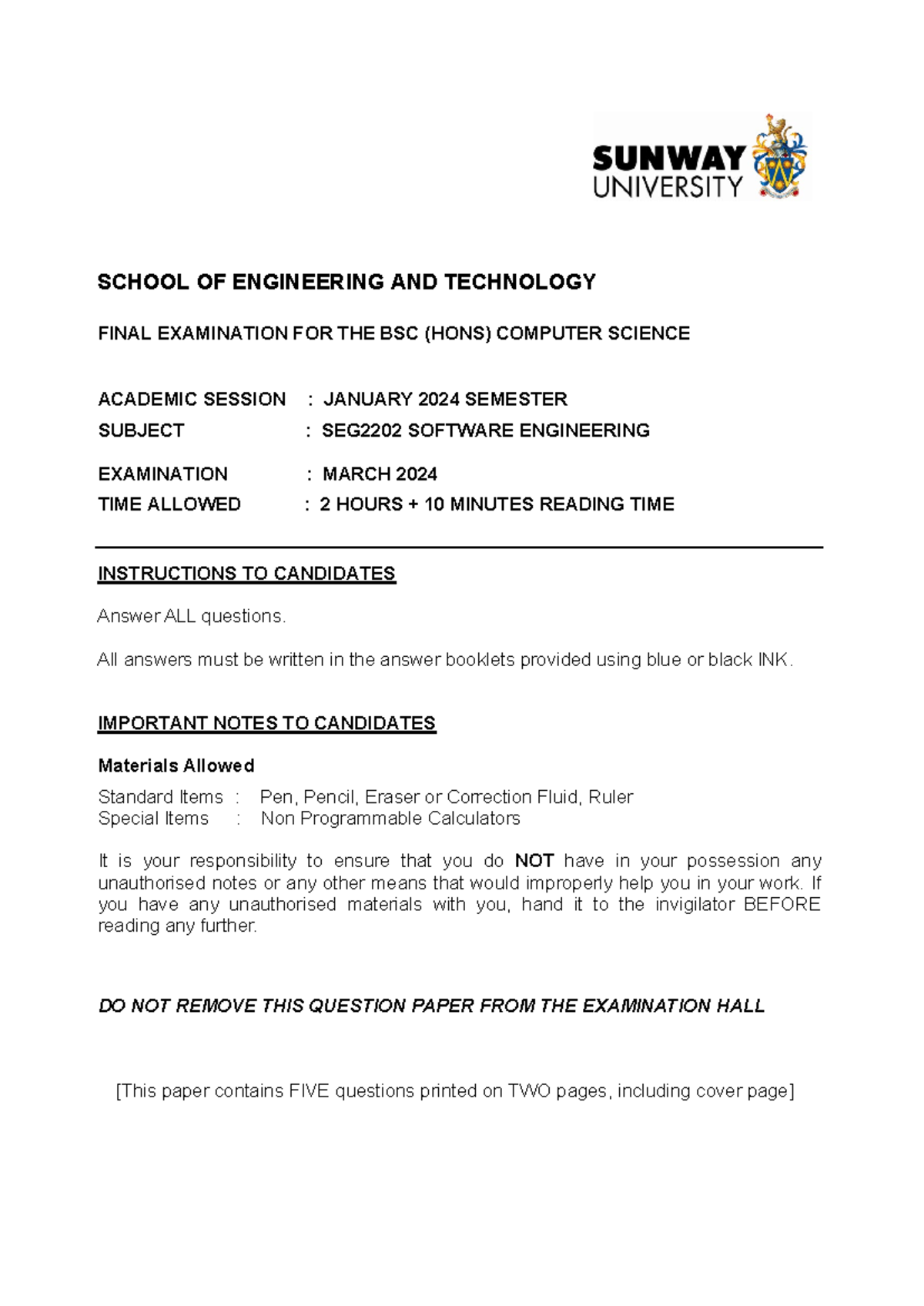SEG2202 Software Engineering Final Exam Instructions - Jan 2024 - Studocu
