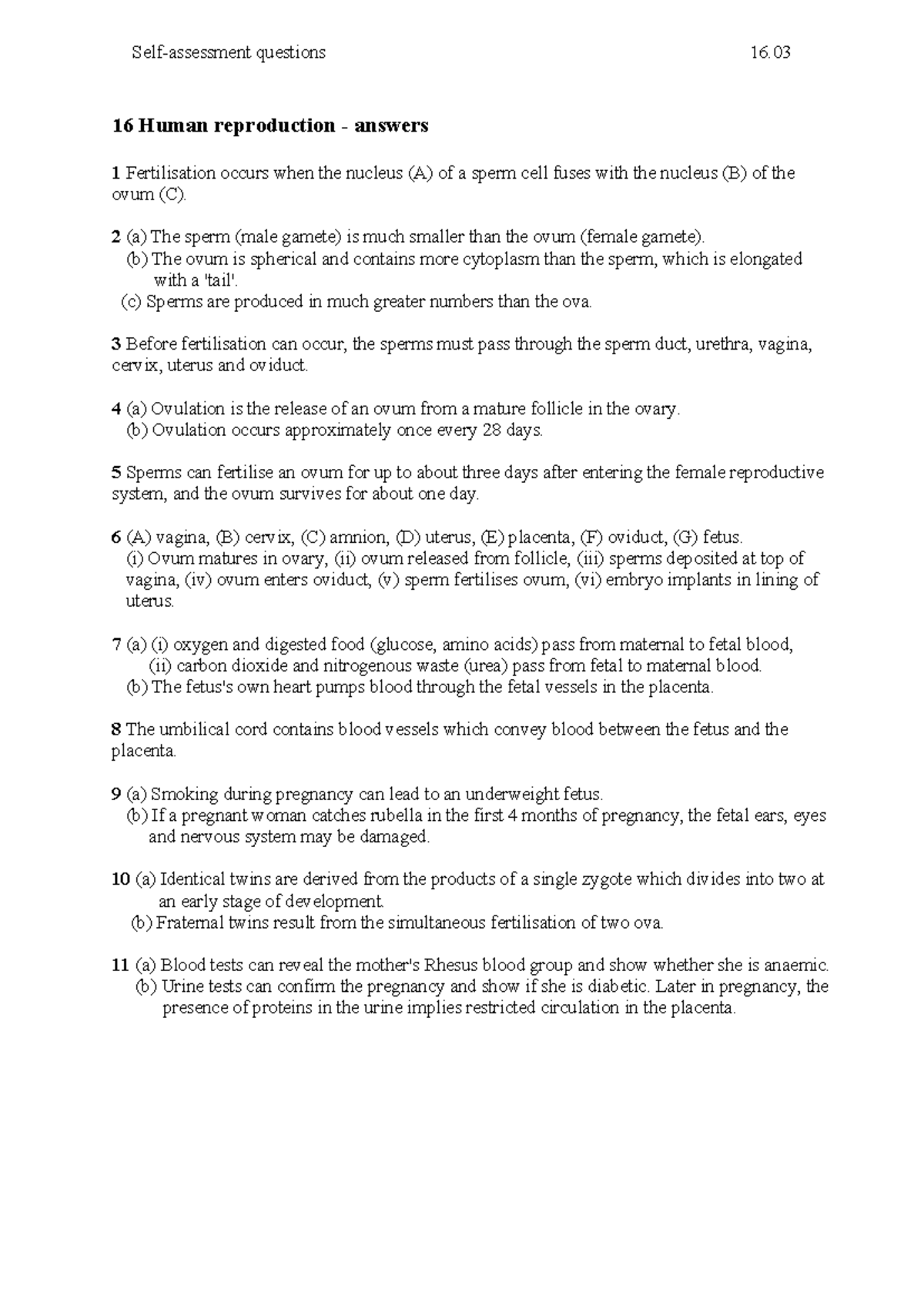 Human Reproduction Answers (16.03) - Form 3 Study Guide - Studocu