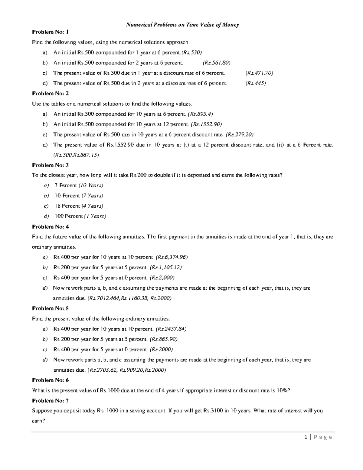 Time Value of Money: Numerical Problems & Solutions Analysis - Studocu
