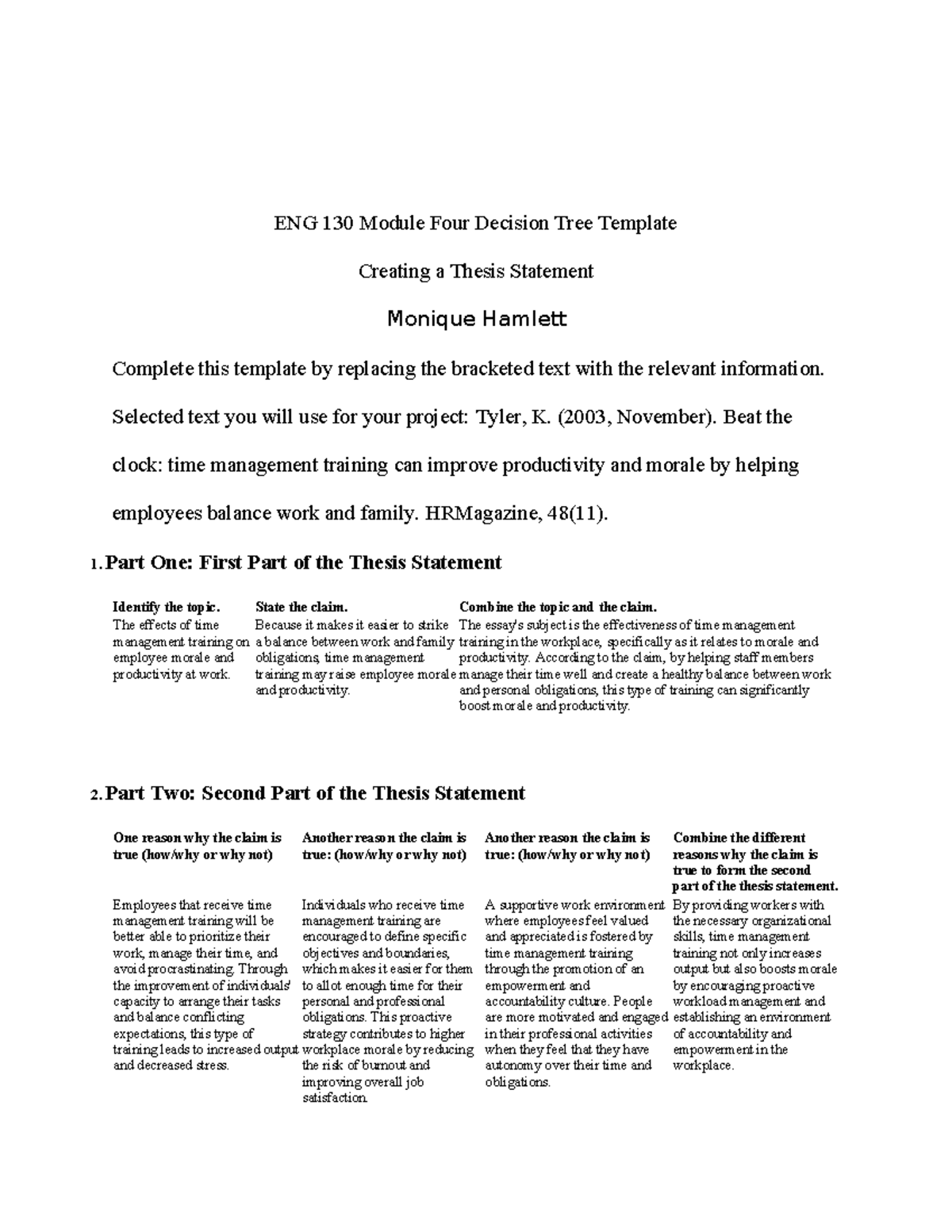 ENG 130 Module 4 Thesis Statement Template on Time Management - Studocu
