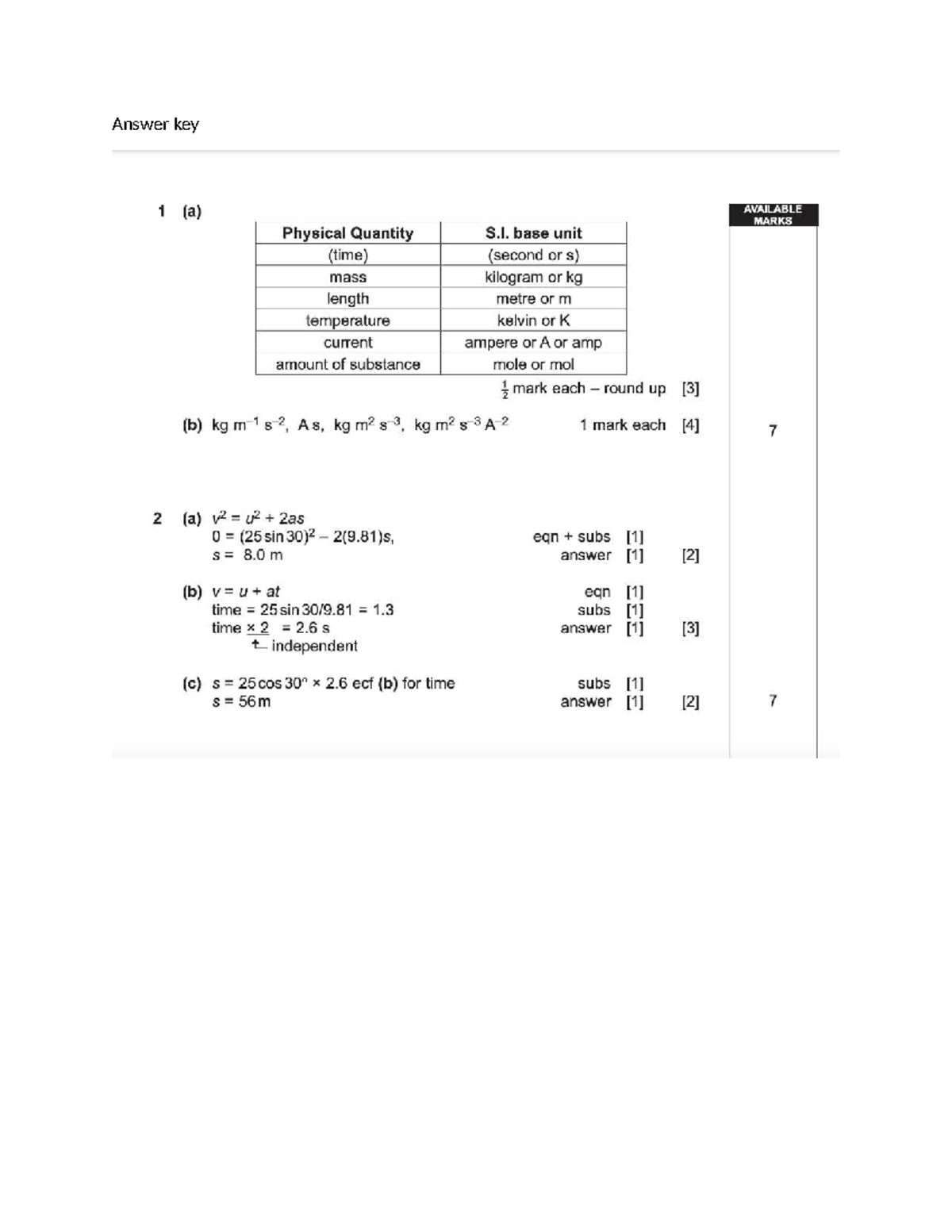 Answer Key for Physics 17: S.I. Units and Motion Principles - Studocu