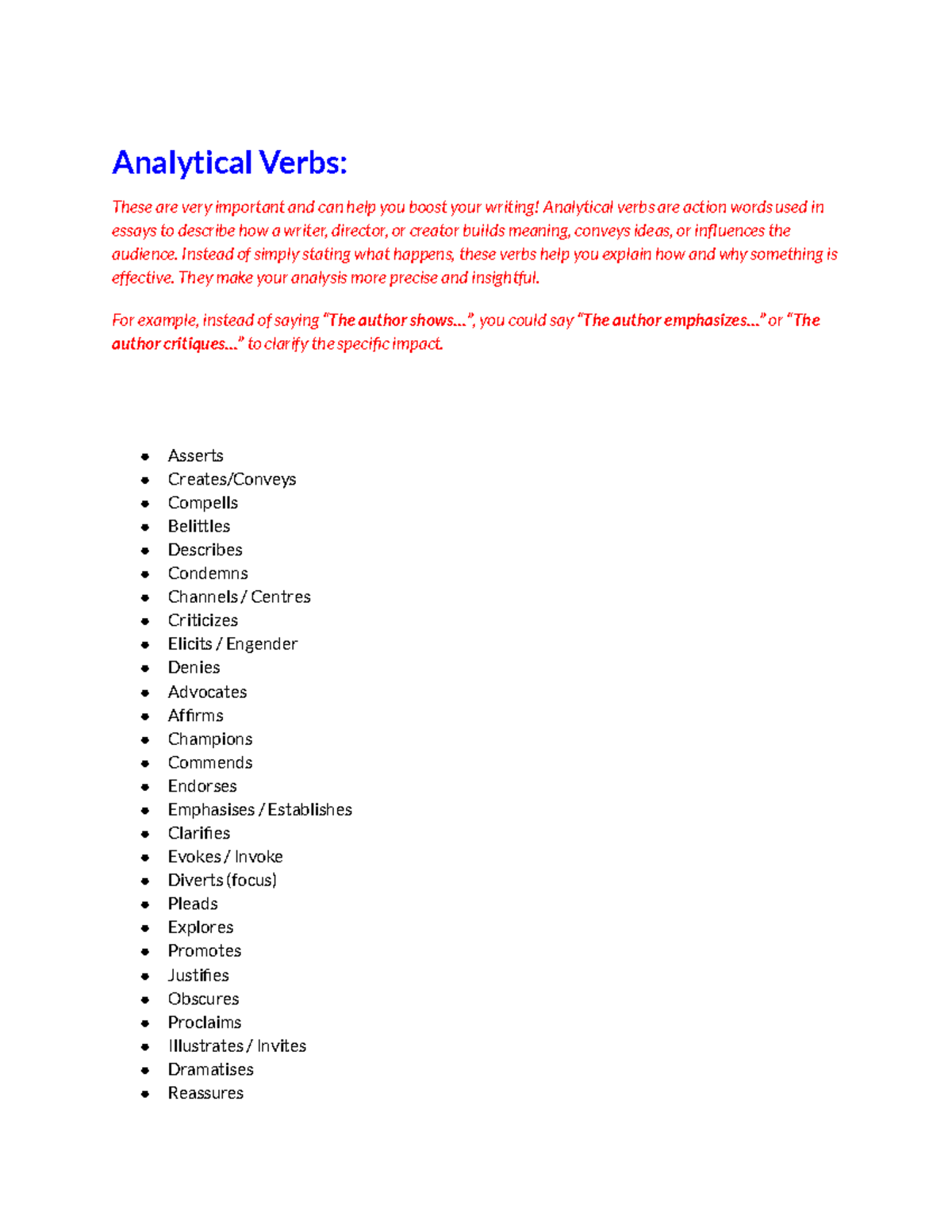 Analytical Verbs and Adverbs for Enhanced Writing Skills (ENG 101 ...
