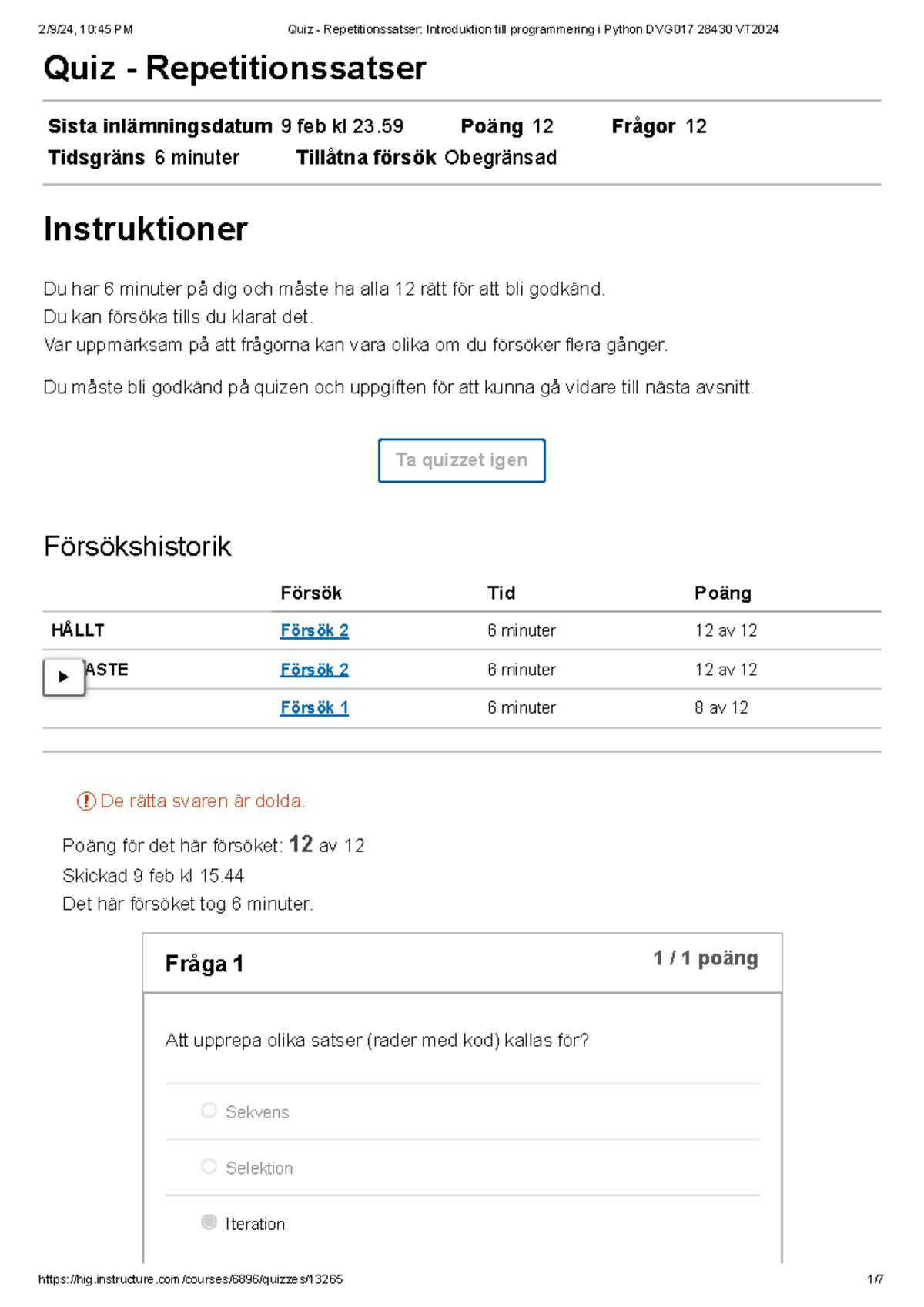 Quiz - Repetitionssatser Introduktion till programmering i Python ...
