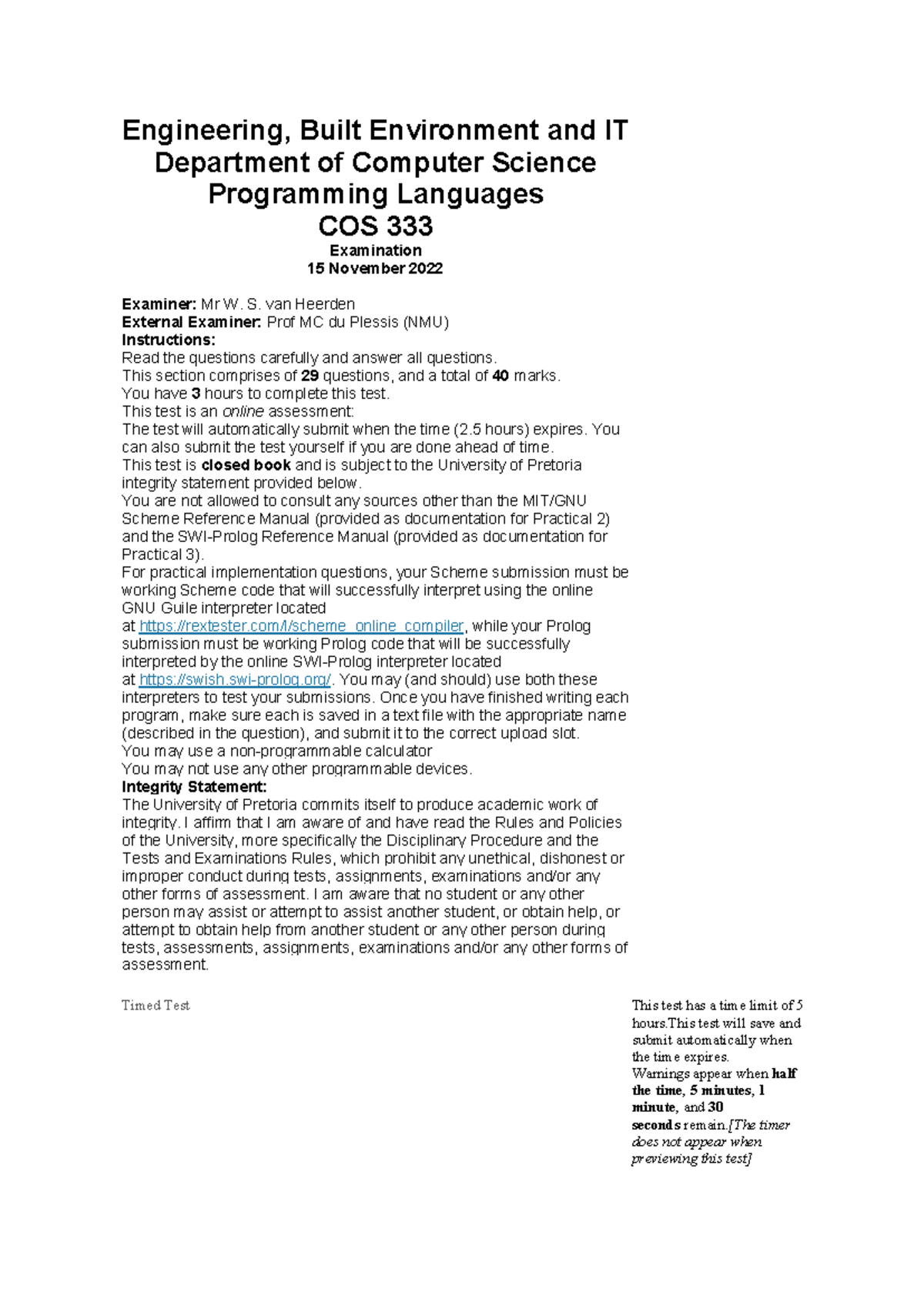 COS Programming Languages Exam - November 15, 2022 - Studocu