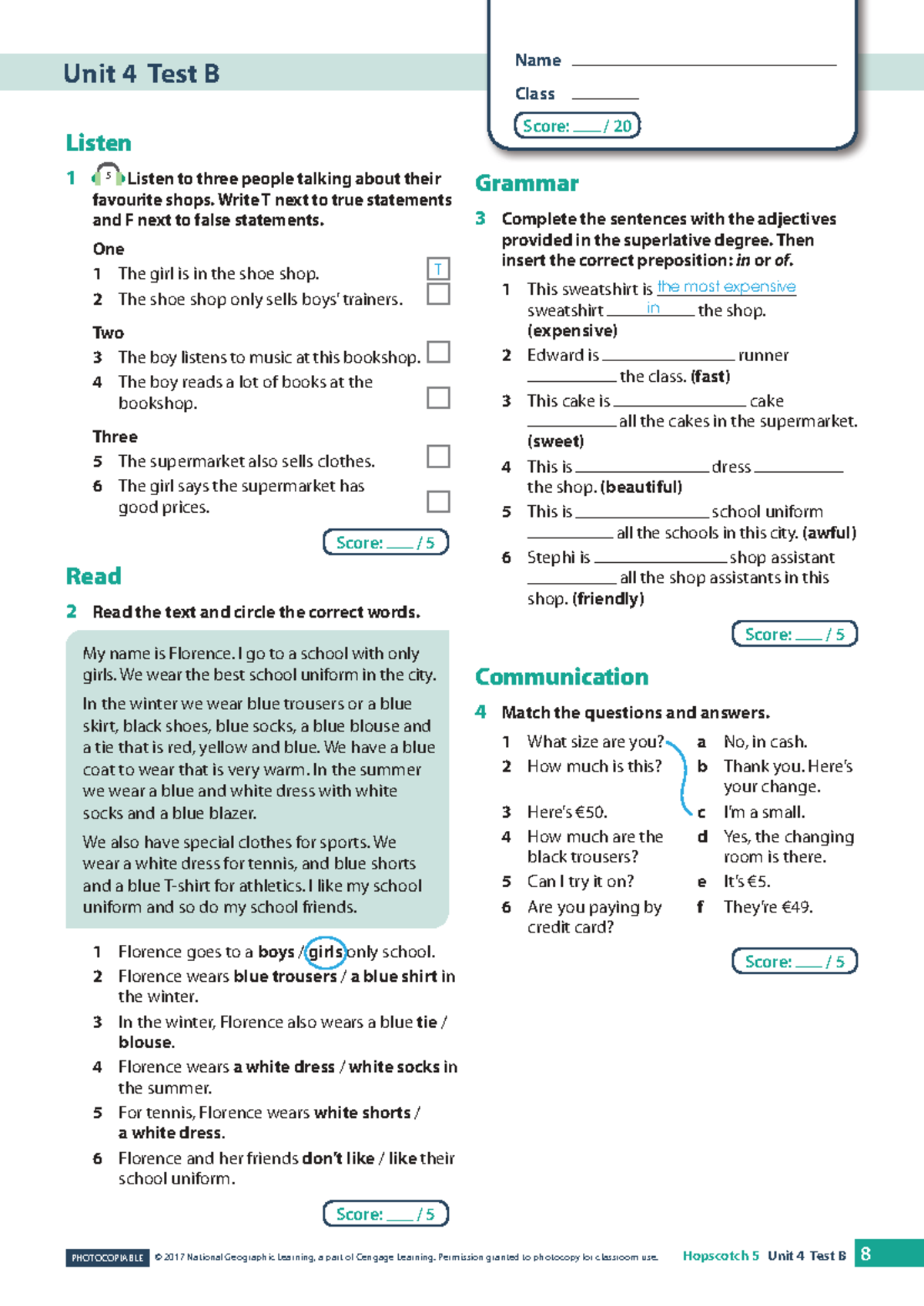 Unit 4 Test B: Listening and grammar exercises for class score - Studocu