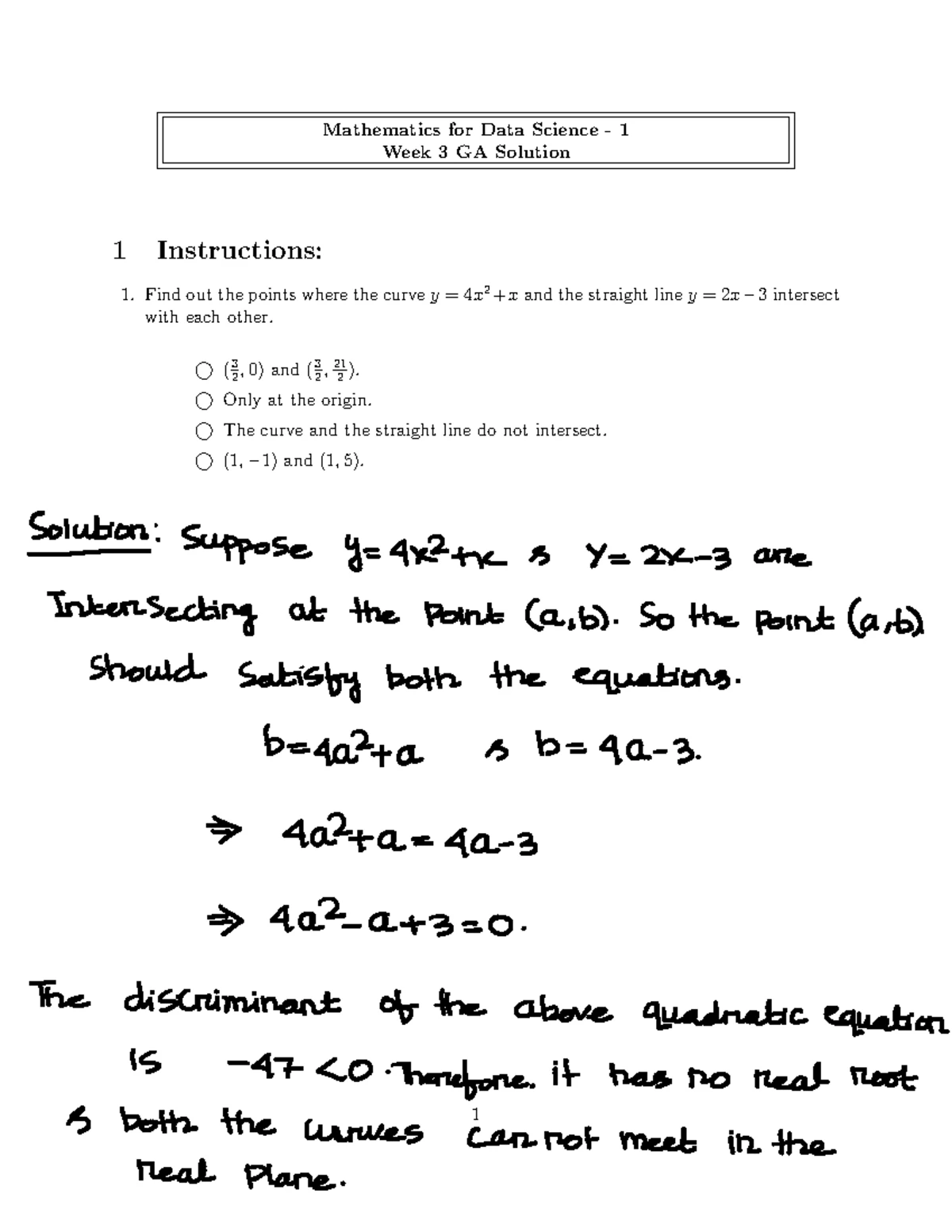 Week 3 - Quadratic equations - Mathematics for Data Science - 1 Graded ...