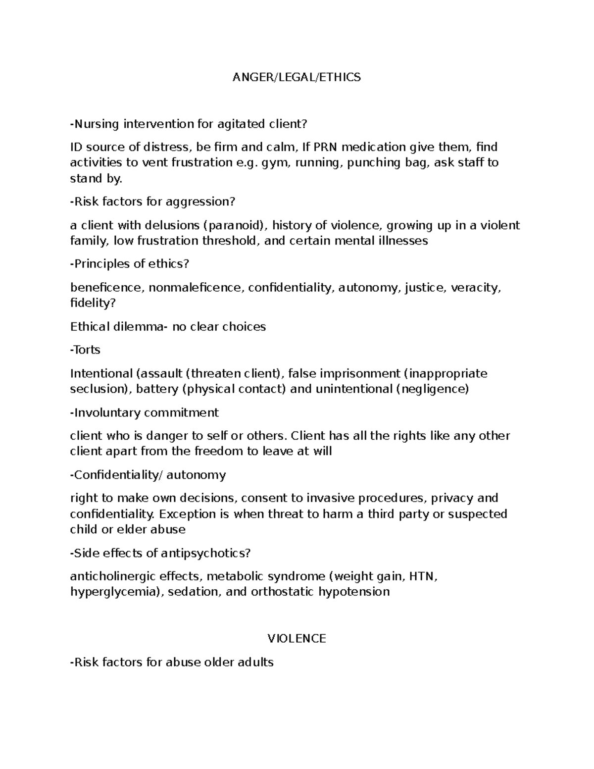 Exam 2 Study Guide: Interventions for Agitated Clients and Ethical ...