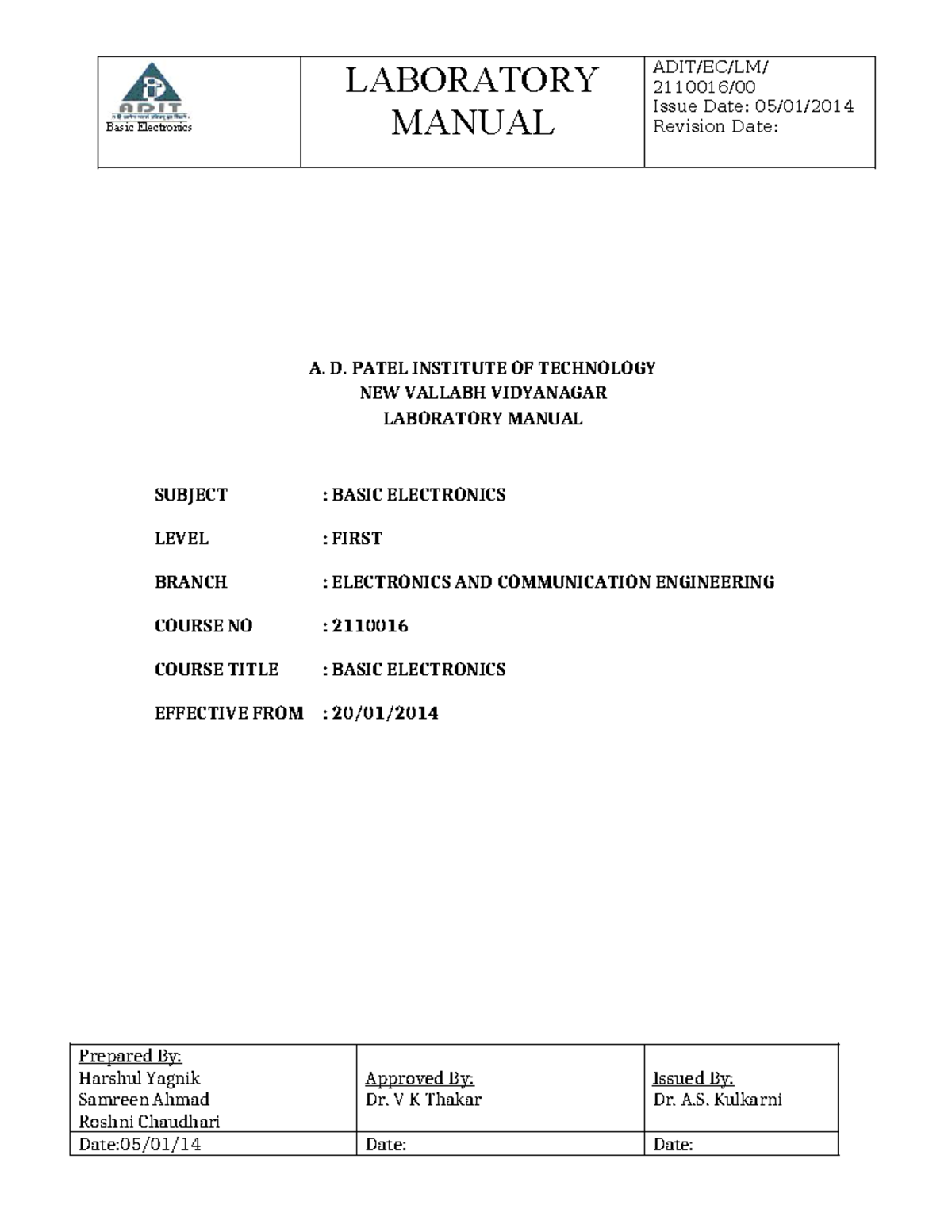 Basic Electronics Lab Manual (2110016) - Final Edition - Studocu