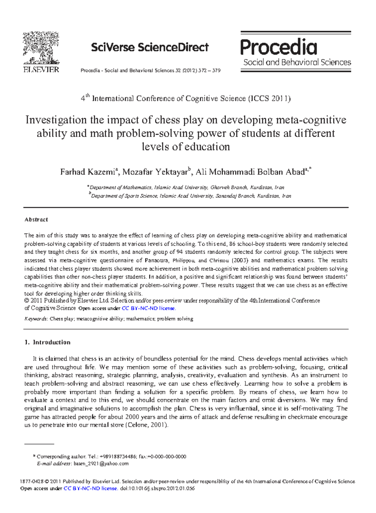 The Impact of Chess on Students' Math Skills Development (ICCS 2011 ...