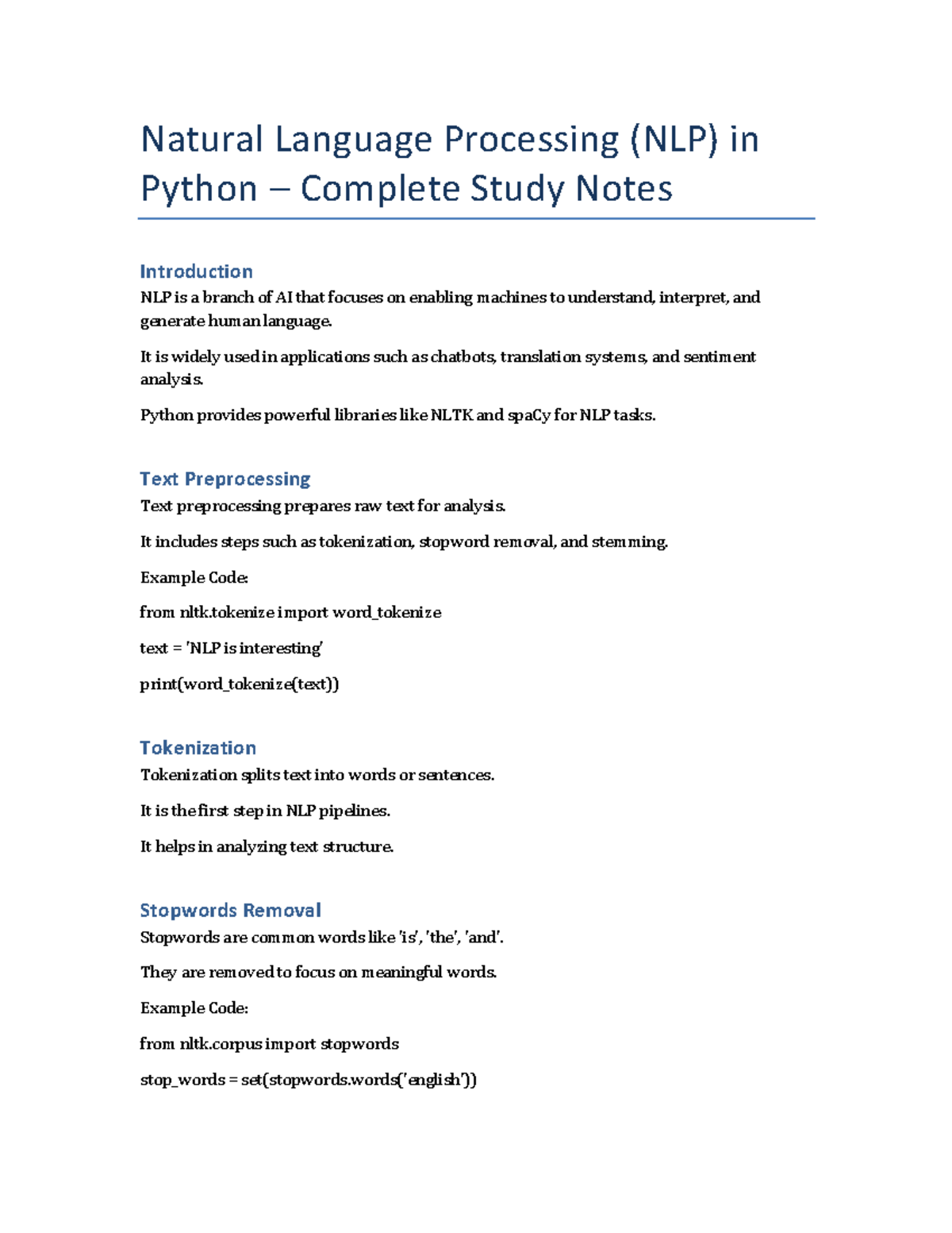 NLP in Python: Comprehensive Study Notes for AI Applications - Studocu
