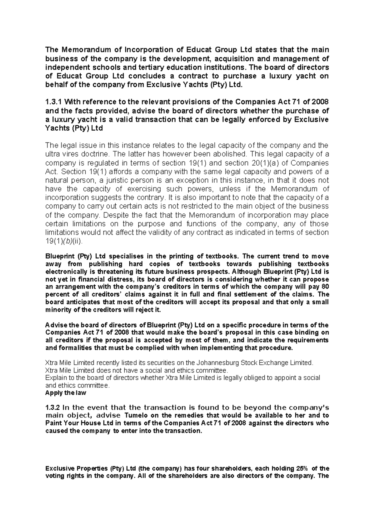 LLB Legal Analysis Memo on Corporate Governance Issues - Studocu