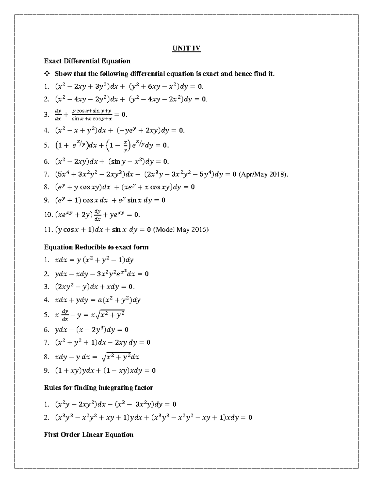 M1(U4) - Mathematics Lecture Notes - UNIT IV Exact Differential ...