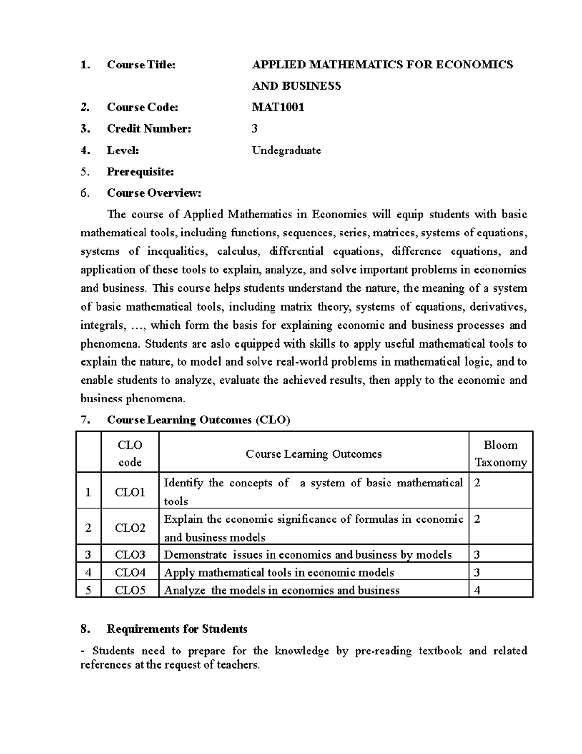 MAT1OO1: Applied Mathematics for Economics Syllabus Overview - Studocu