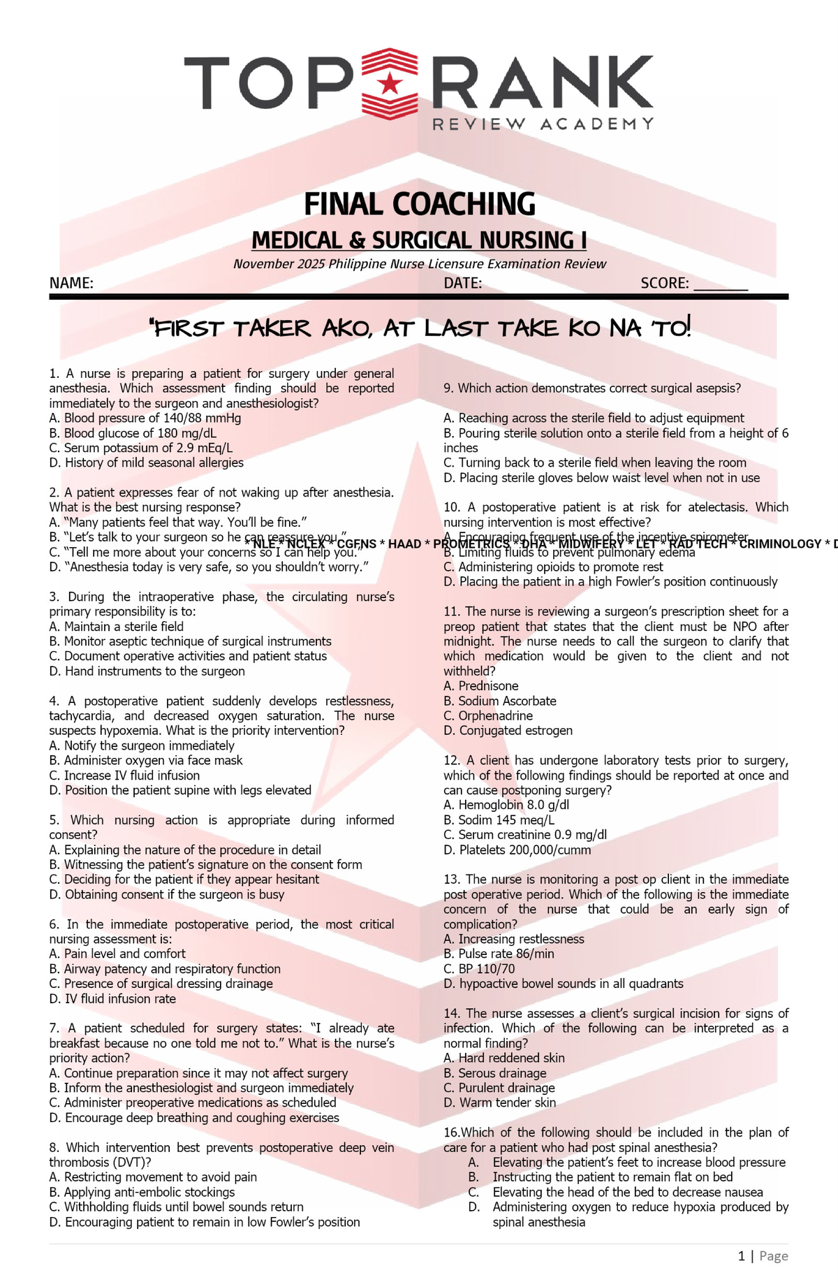 TOP RANK REVIEW ACADEMY FINAL COACHING MEDICAL SURGICAL NURSING I NLE ...