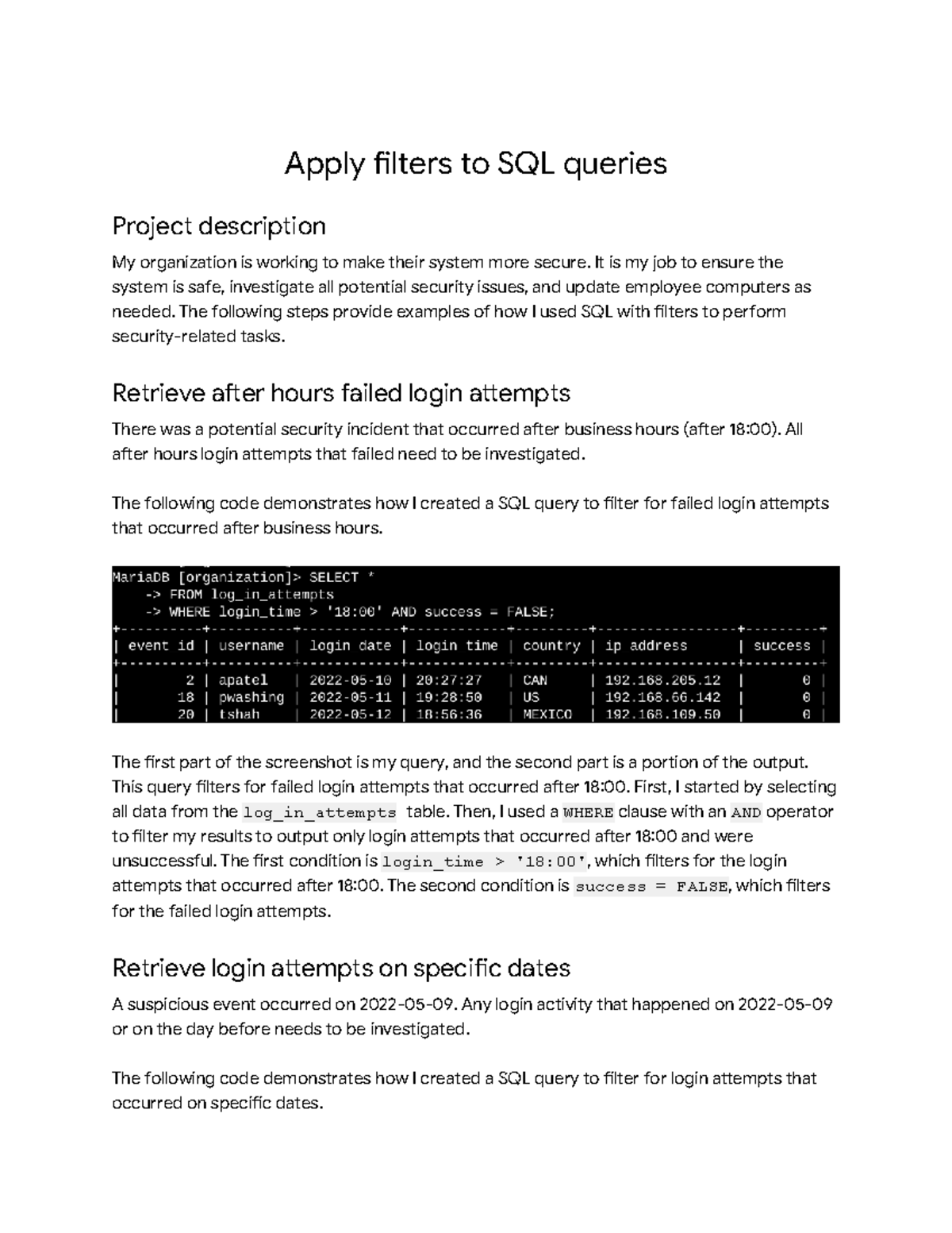 SQL Query Filters for Security Tasks: Detailed Examples and Code - Studocu