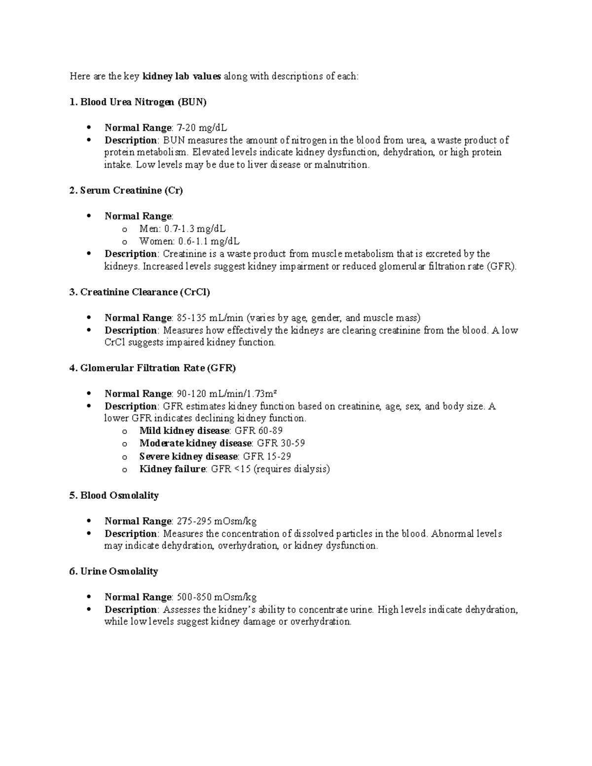 UNIT 1 Extras - poop - Here are the key kidney lab values along with ...