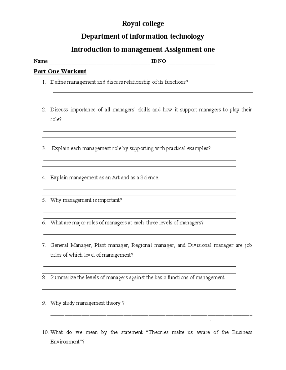 ITM 101: Introduction to Management - Assignment One Overview - Studocu