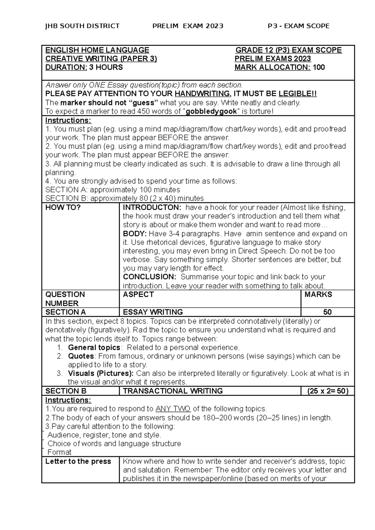 Grade 12 English HL P3 Preliminary Exam Scope 2023: Creative Writing ...