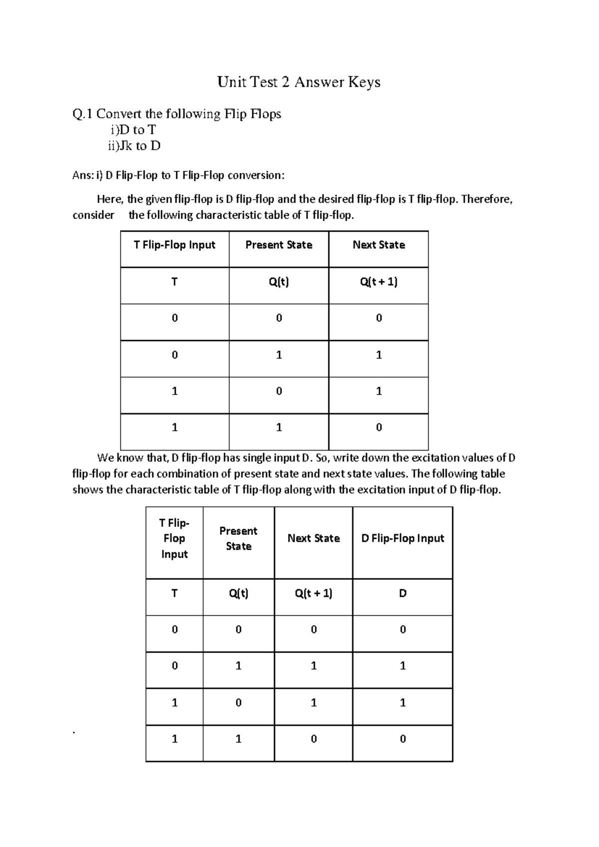 Unit Test 2 Answer Keys: Flip Flop Conversions and Shift Registers ...