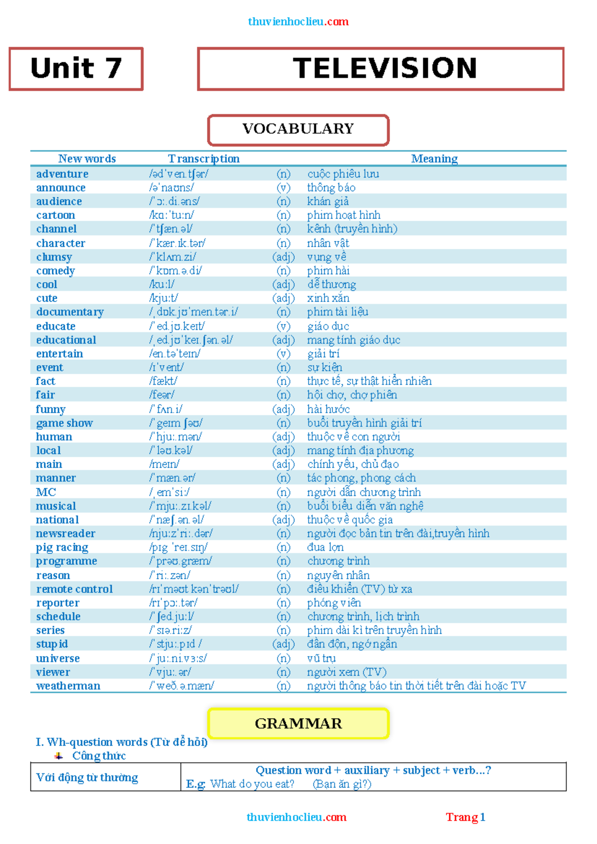 Unit 7: Television Vocabulary and Grammar Notes - Studocu