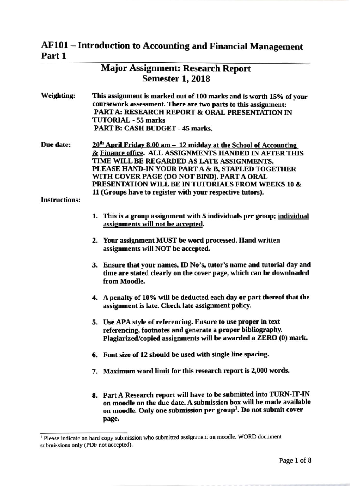 AF101 Major Assignment: Research Report and Cash Budget Guide - Studocu