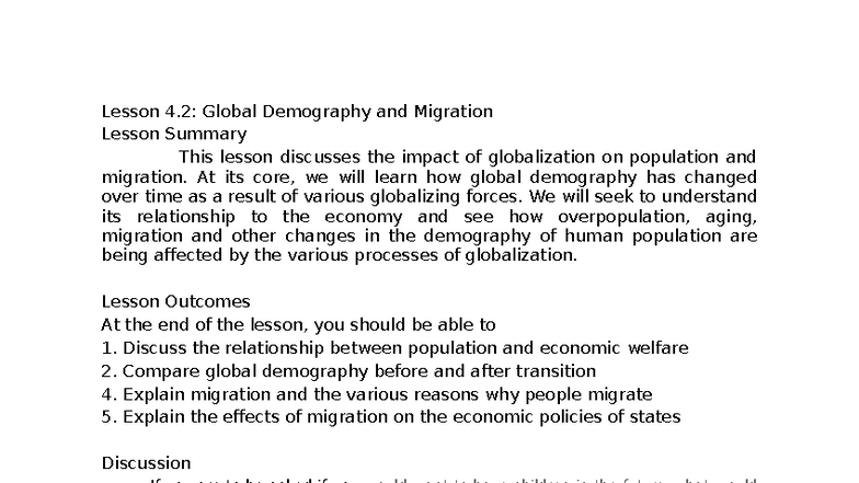 Lesson 4.2: Global Demography & Migration Summary and Insights - Studocu