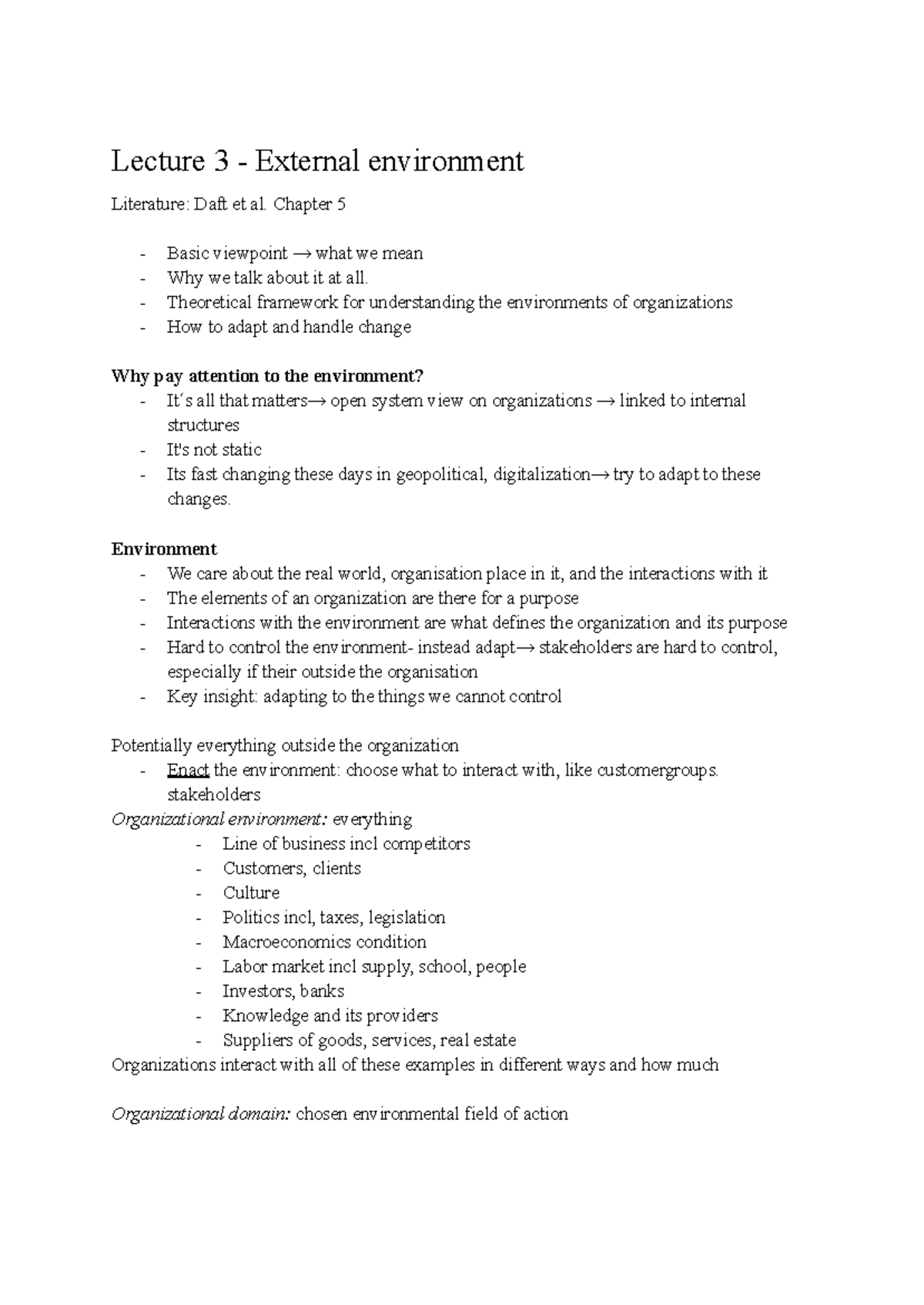 Lecture 3: Understanding Organizational Environments - FEKG11 - Studocu