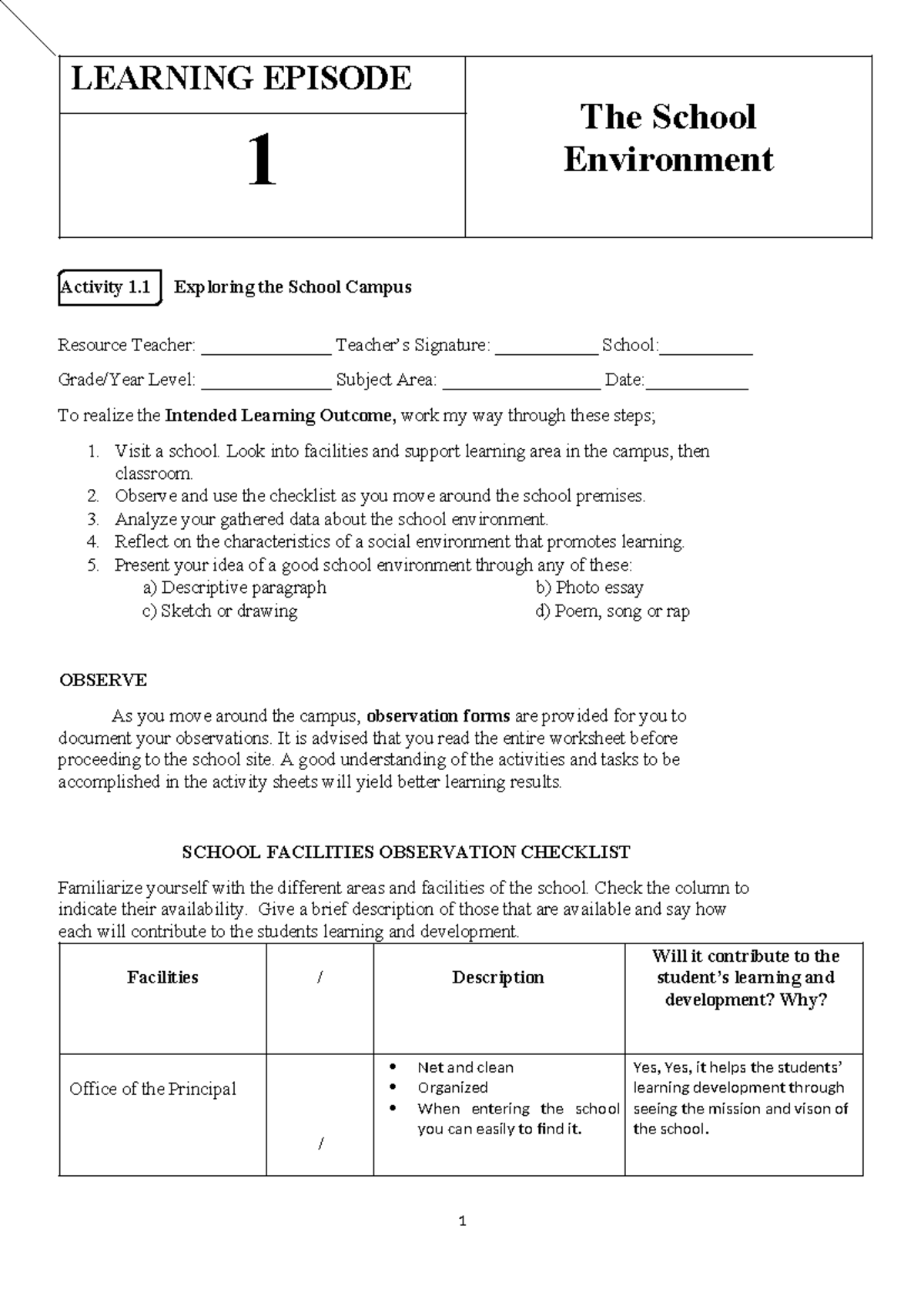 FS1 - Complete Activity Report: Exploring the School Environment - Studocu